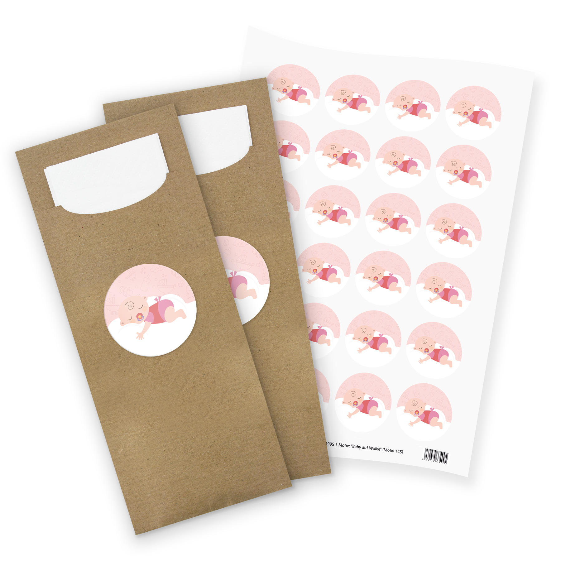 itenga 24x Bestecktaschen + Stickerbogen "Baby auf Wolke...