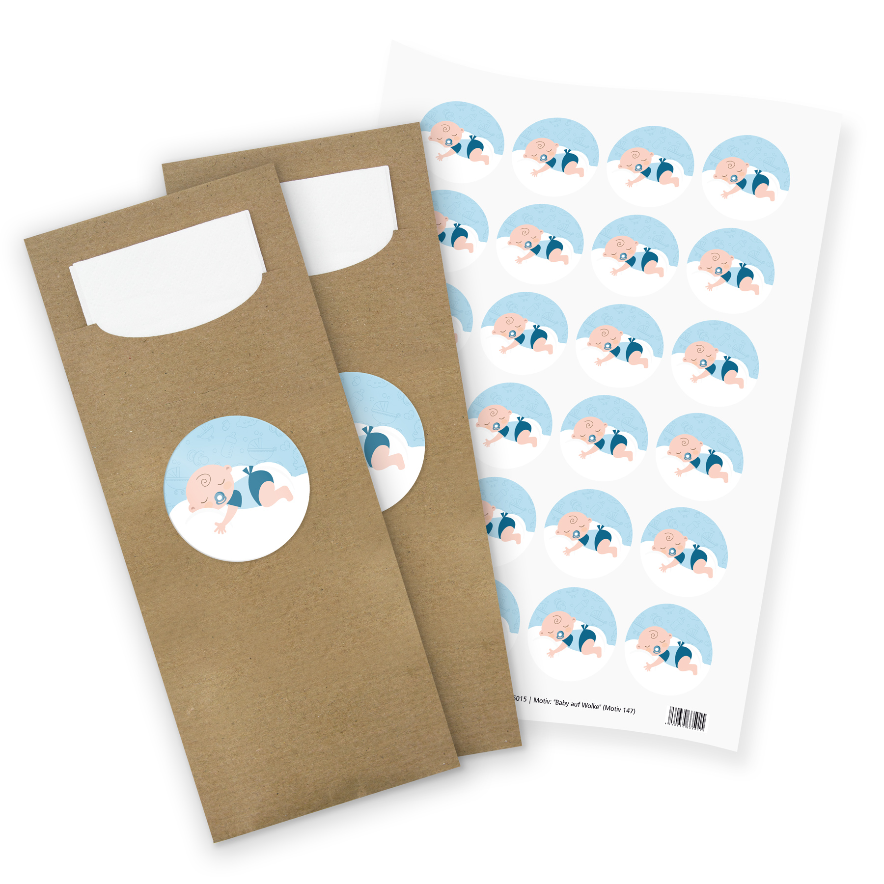 itenga 24x Bestecktaschen + Stickerbogen "Baby auf Wolke...