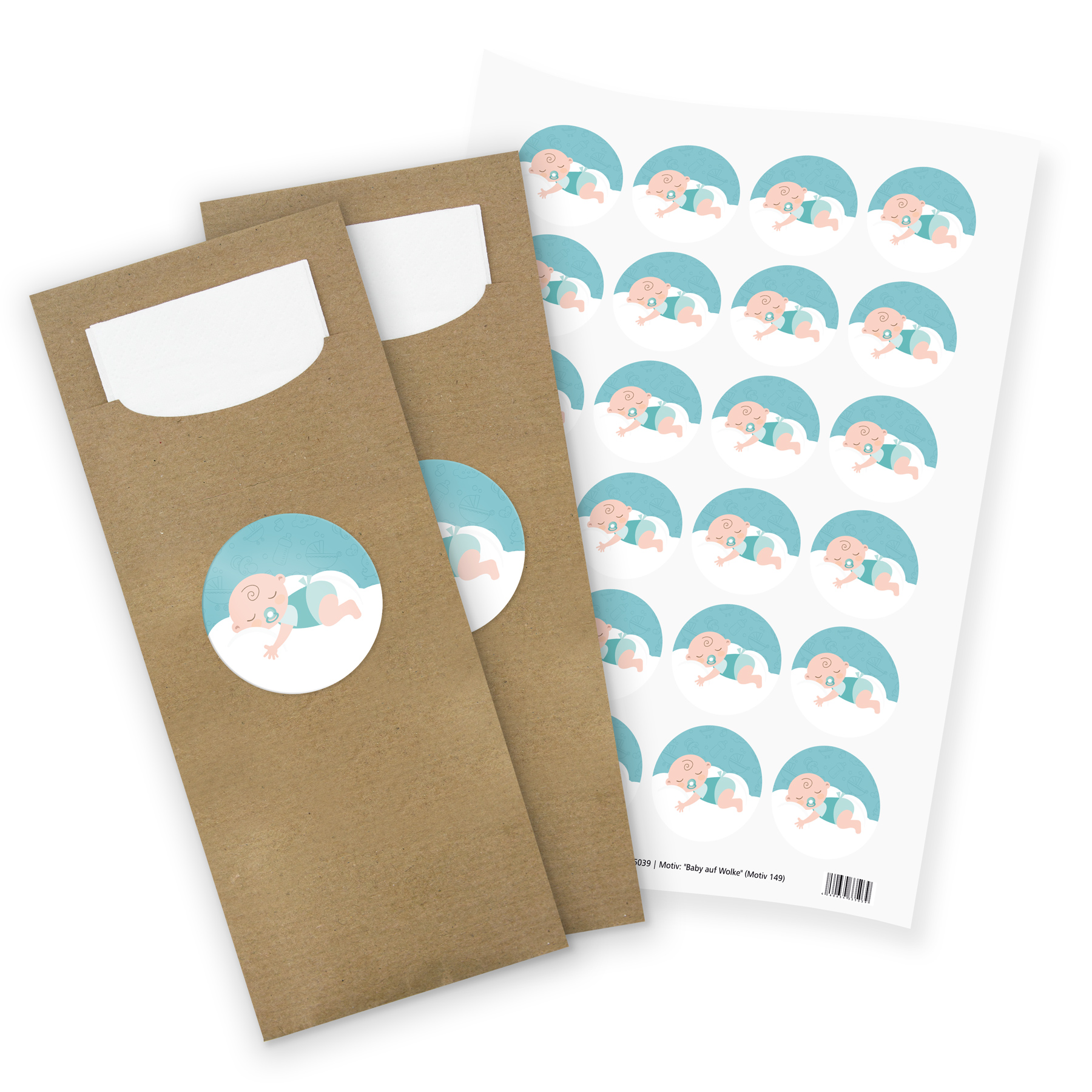 itenga 24x Bestecktaschen + Stickerbogen "Baby auf Wolke...