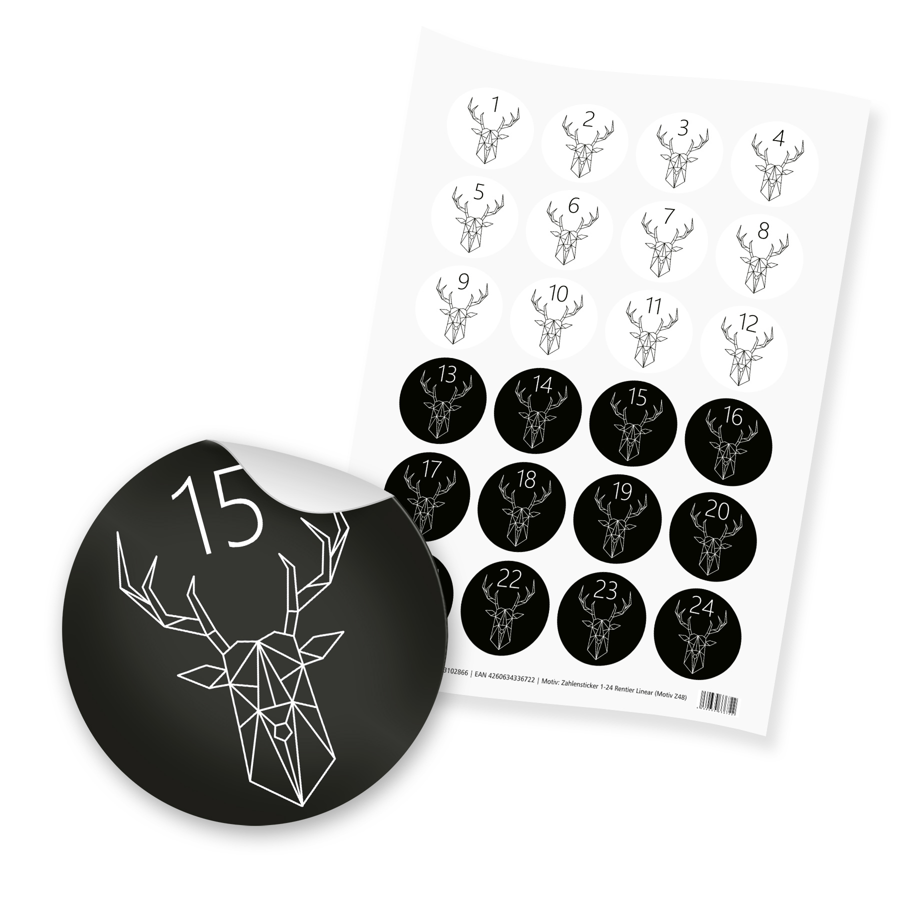 5er Pack Aufkleber Adventskalenderzahlen Schwarz/Weiß 1 - 24 auf Bogen  rund, Ø 40 mm (5 x 24 Zahlen) - Aufkleber-Shop