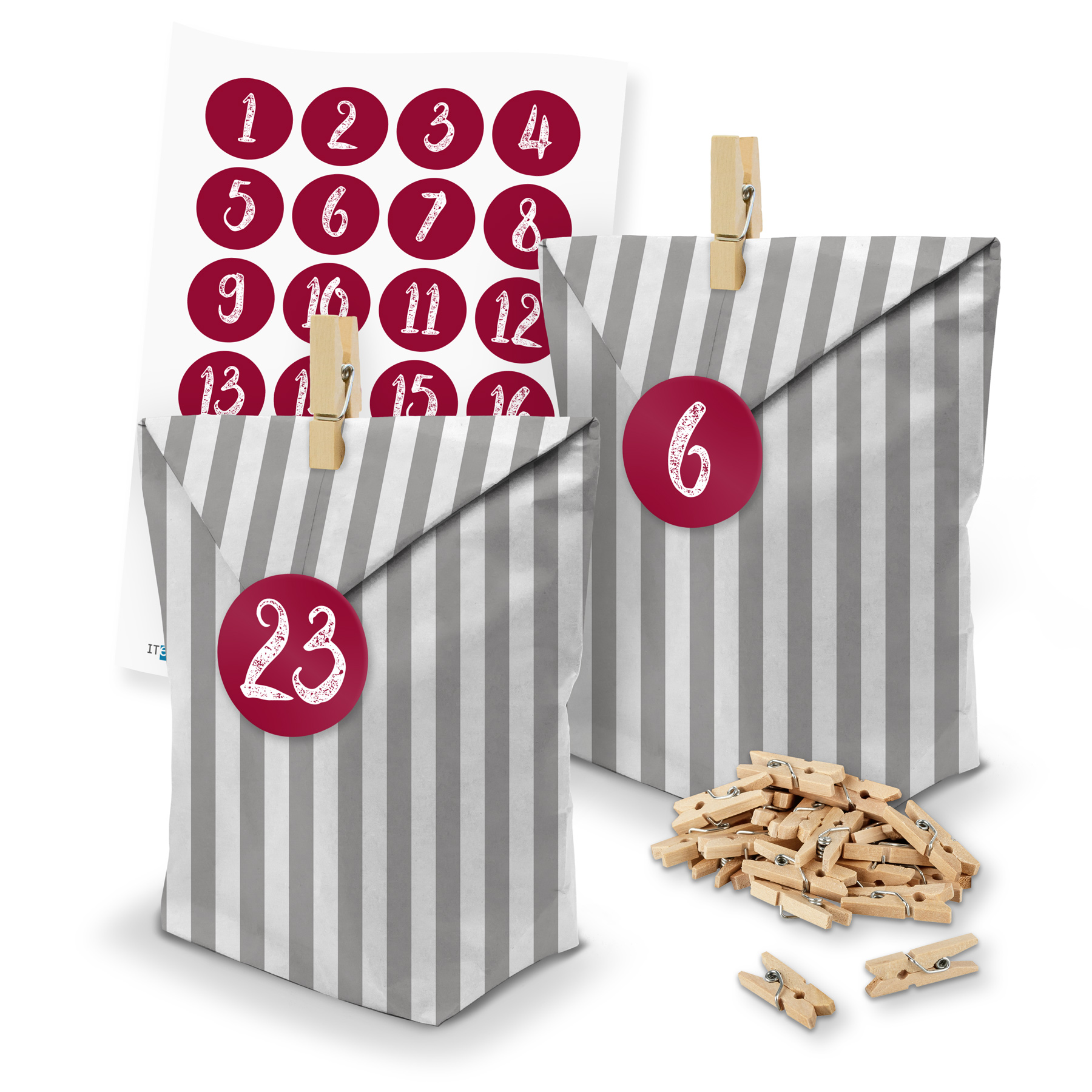 itenga SET Adventskalender 24 x T�ten Streifen + Klammer...