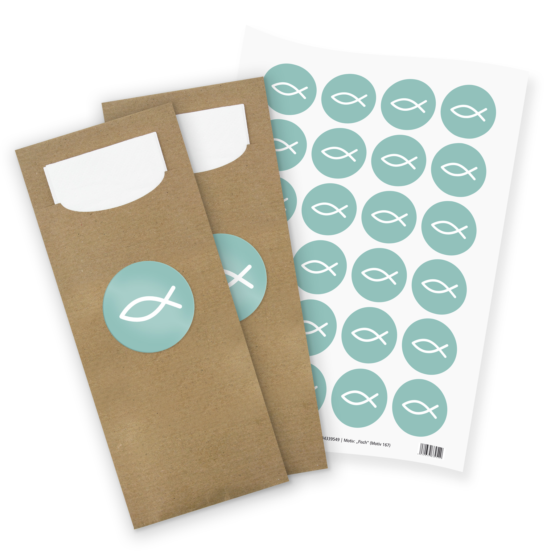 itenga 24x Bestecktaschen + Stickerbogen "Fisch T�rkis" ...
