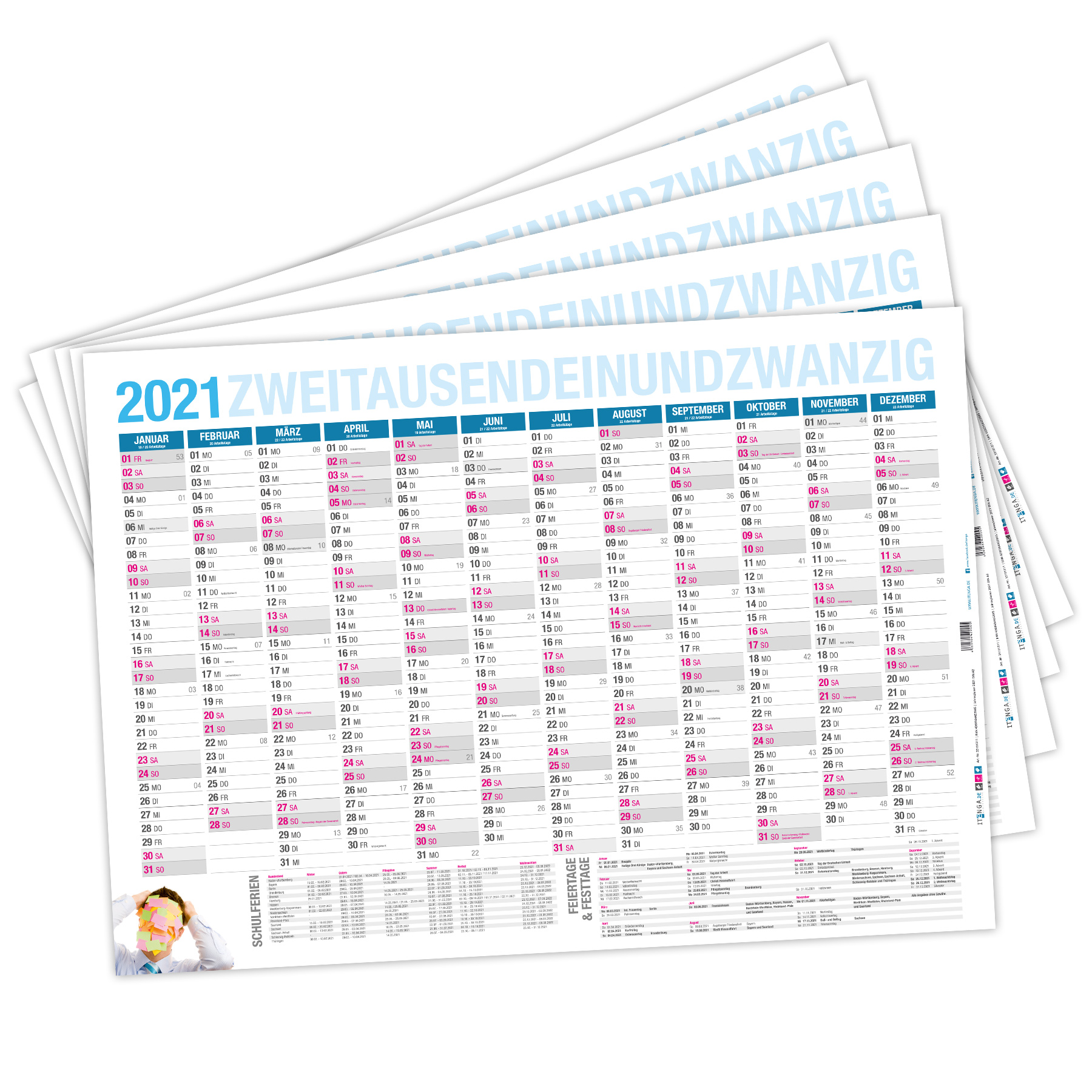 itenga SET 5x Jahresplaner 2021 Wandkalender DIN A0 118,...