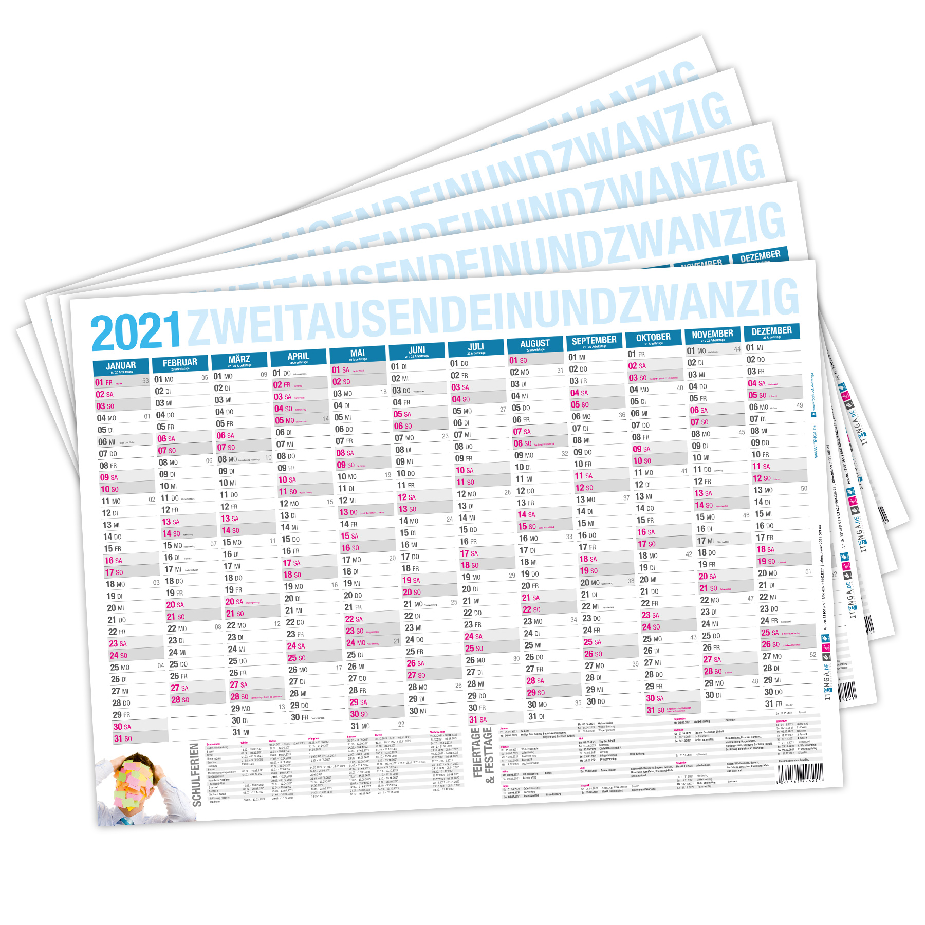 itenga SET 5x Jahresplaner 2021 Tafelkalender Wandkalend...
