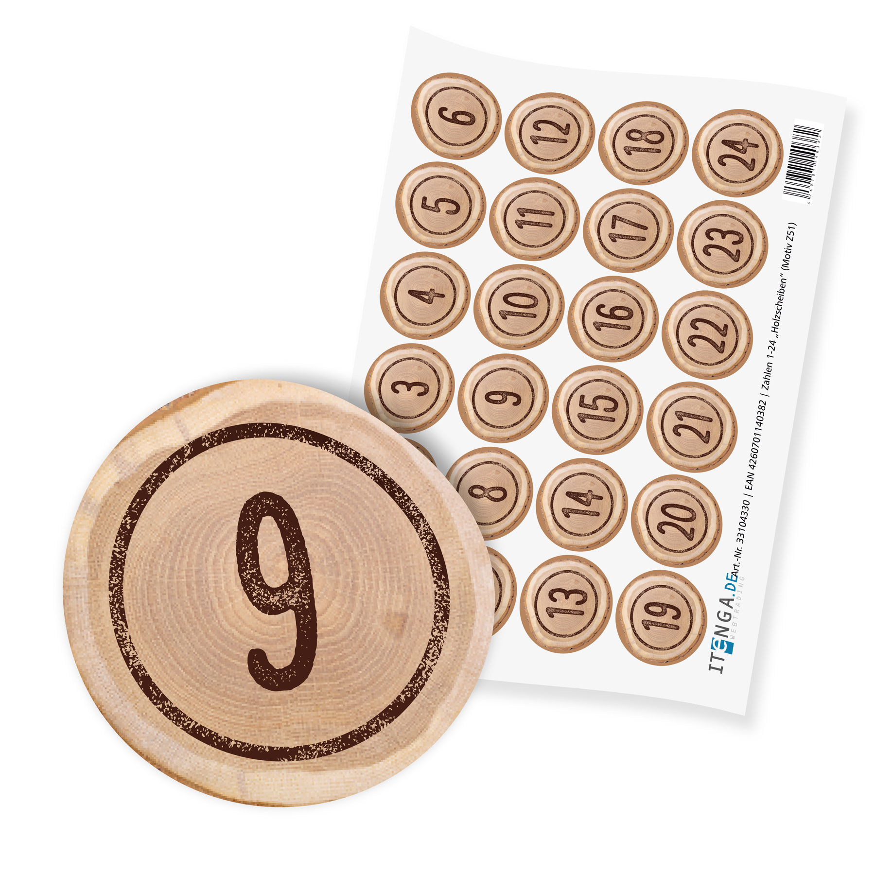 itenga 24x Zahlensticker Z51 Holzscheiben 1-24, 2,0cm Du...