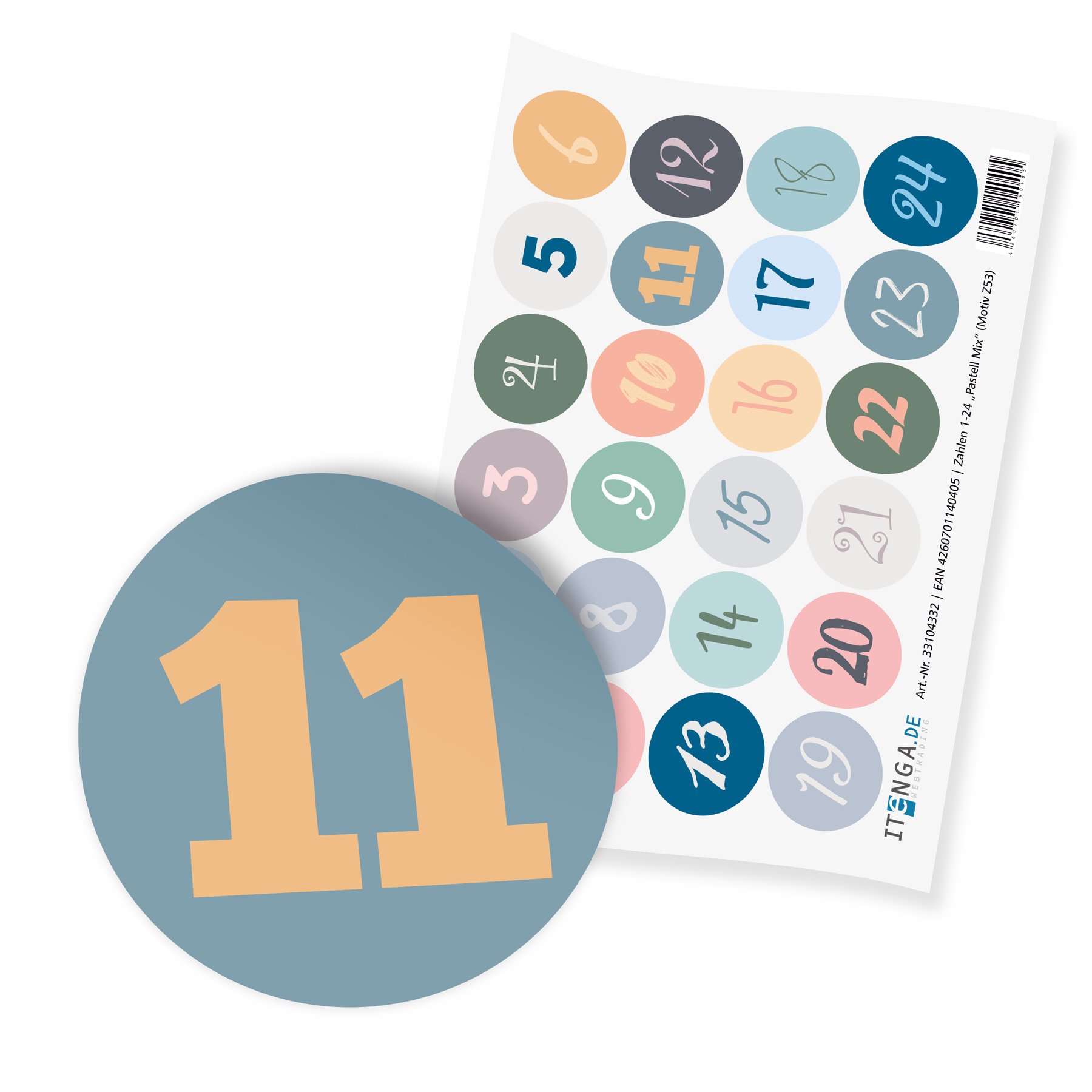 itenga 24x Zahlensticker Z53 Pastell Mix 1-24 I 2,0cm