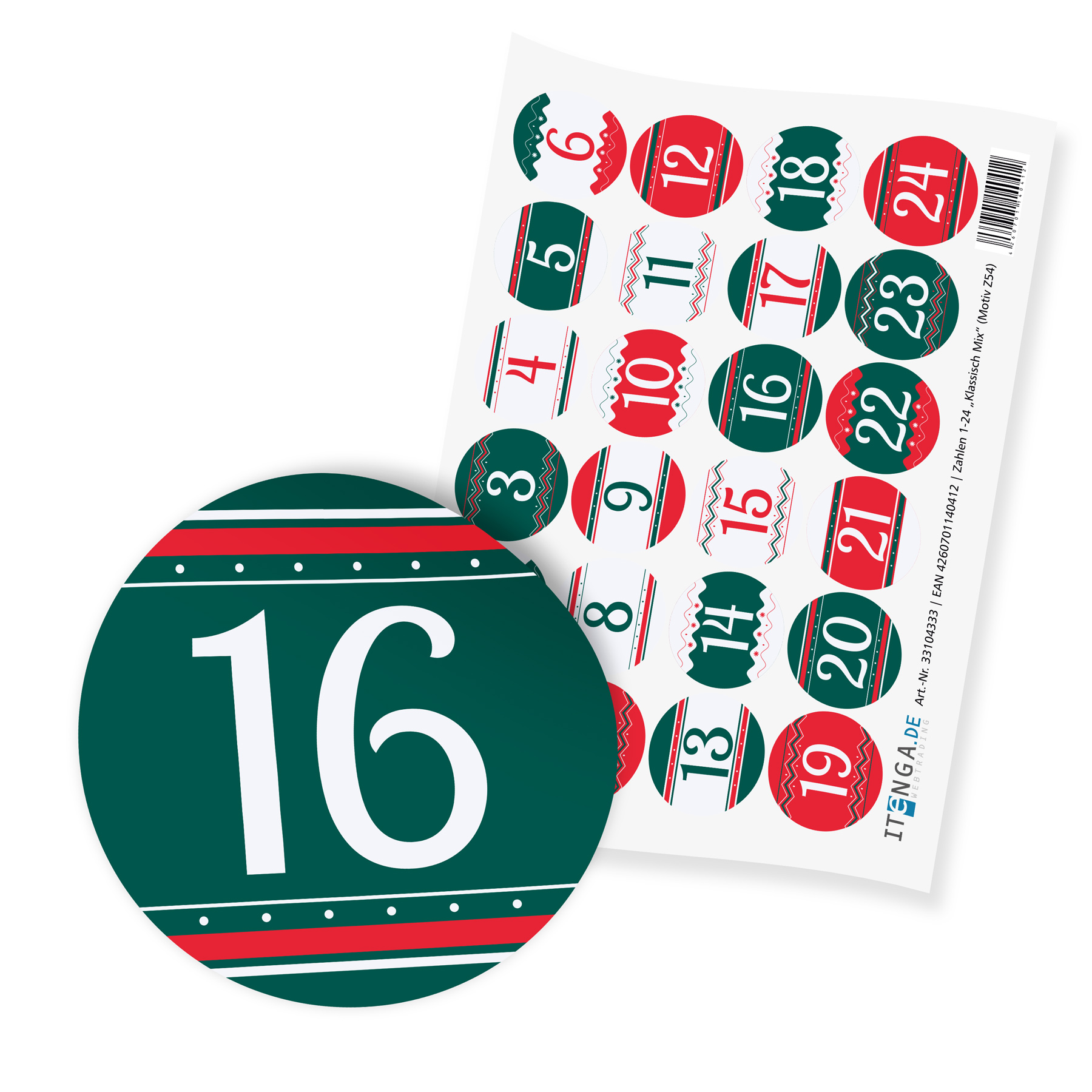 itenga 24x Zahlensticker Z54 Klassisch Mix 1-24 I 2,0cm