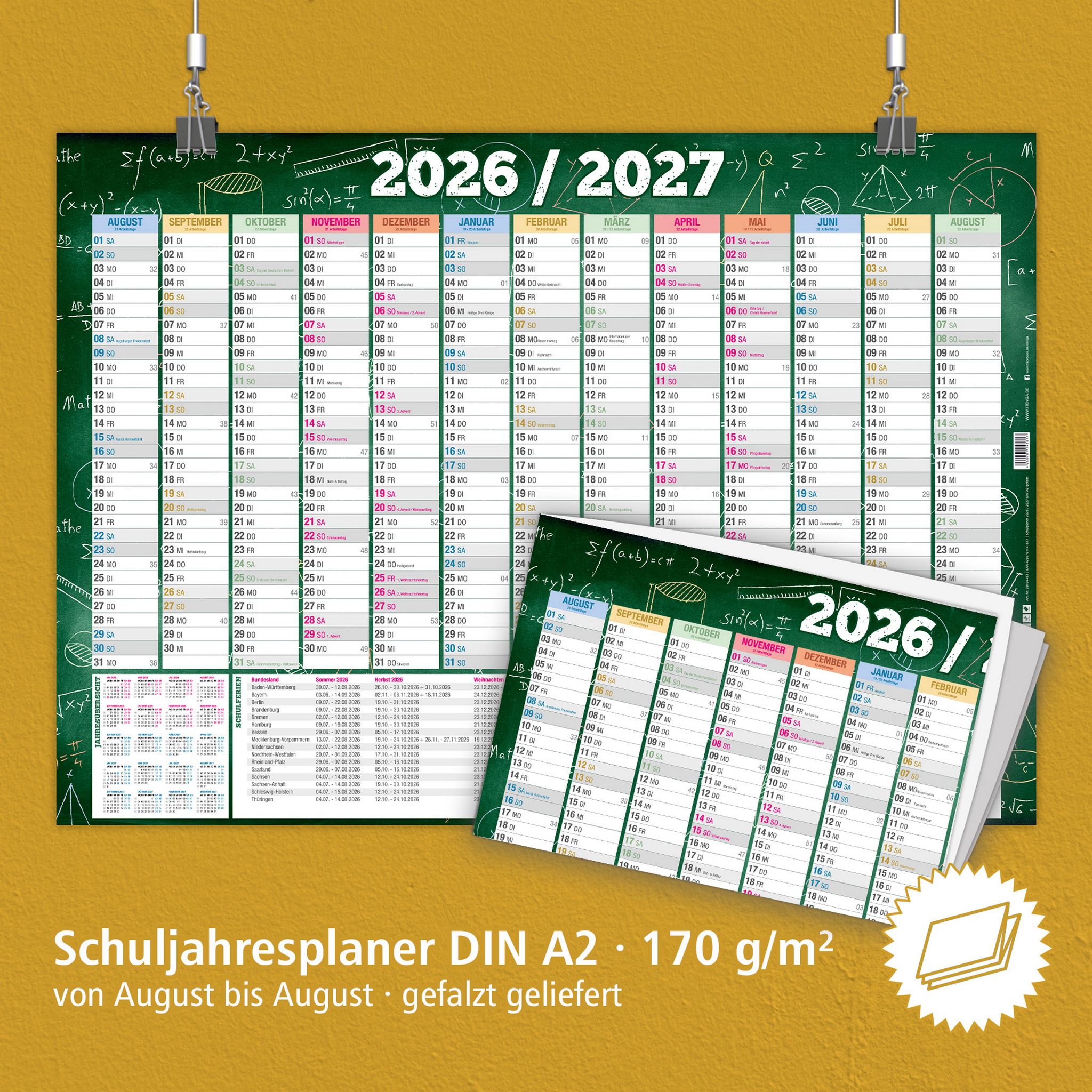 itenga Sch�lerkalender 2026 2027 DIN A2 gefalzt auf DIN A4