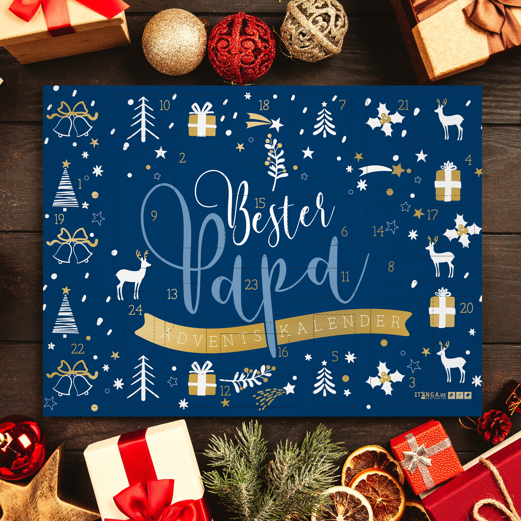 itenga Adventskalender gef�llt "Bester Papa" Blau Gold