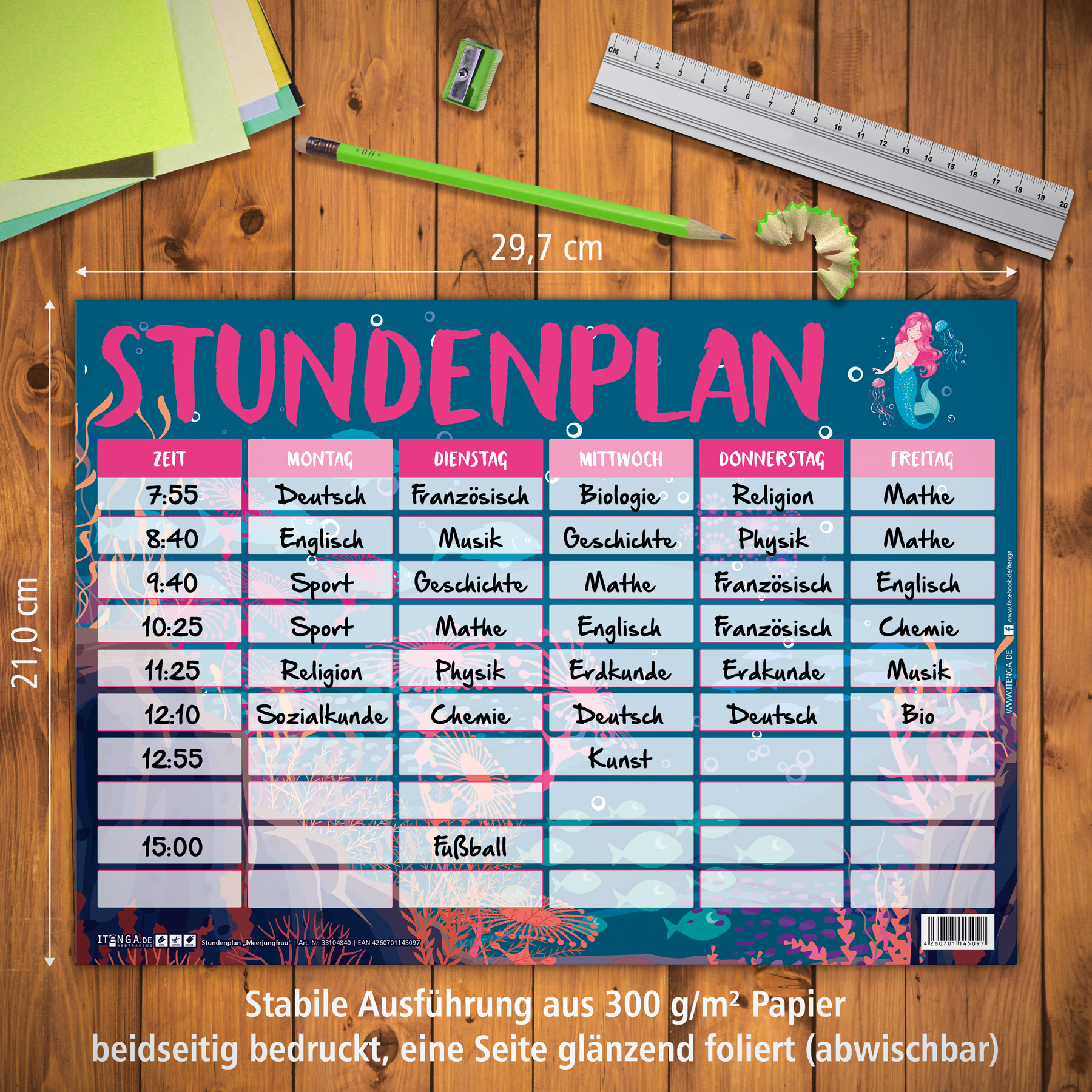 itenga Stundenplan Meerjungfrau DIN A4 einseitig abwisc...