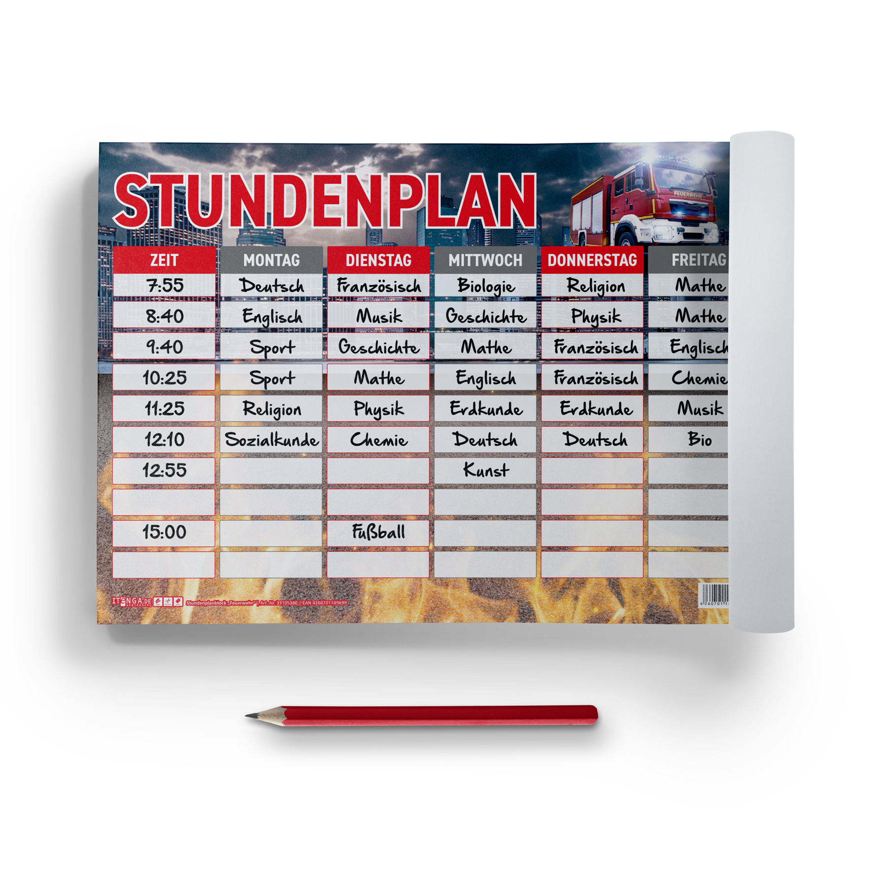 itenga Stundenplan Block 25 Blatt Motiv FEUERWEHR DIN A4