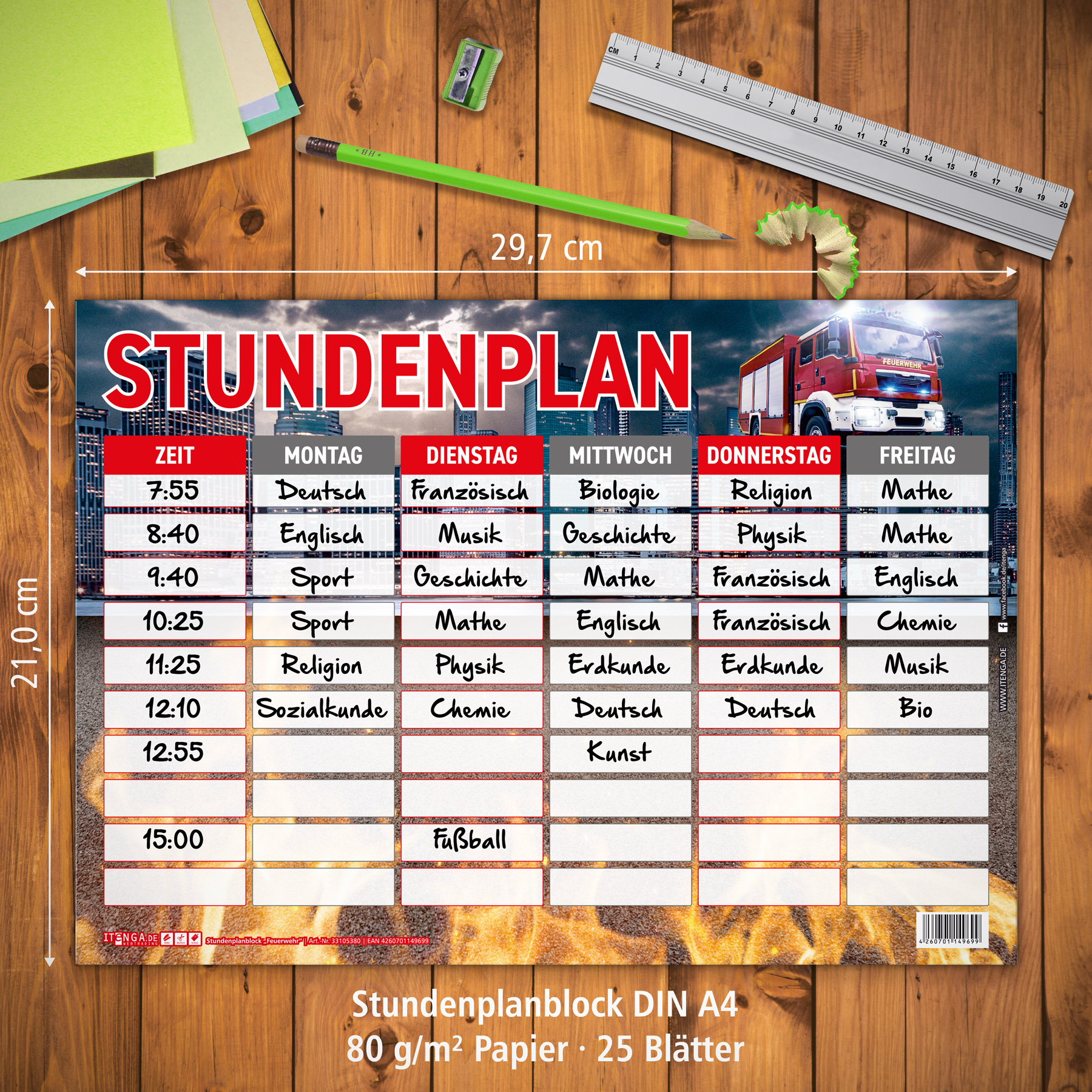 itenga Stundenplan Block 25 Blatt Motiv FEUERWEHR DIN A4