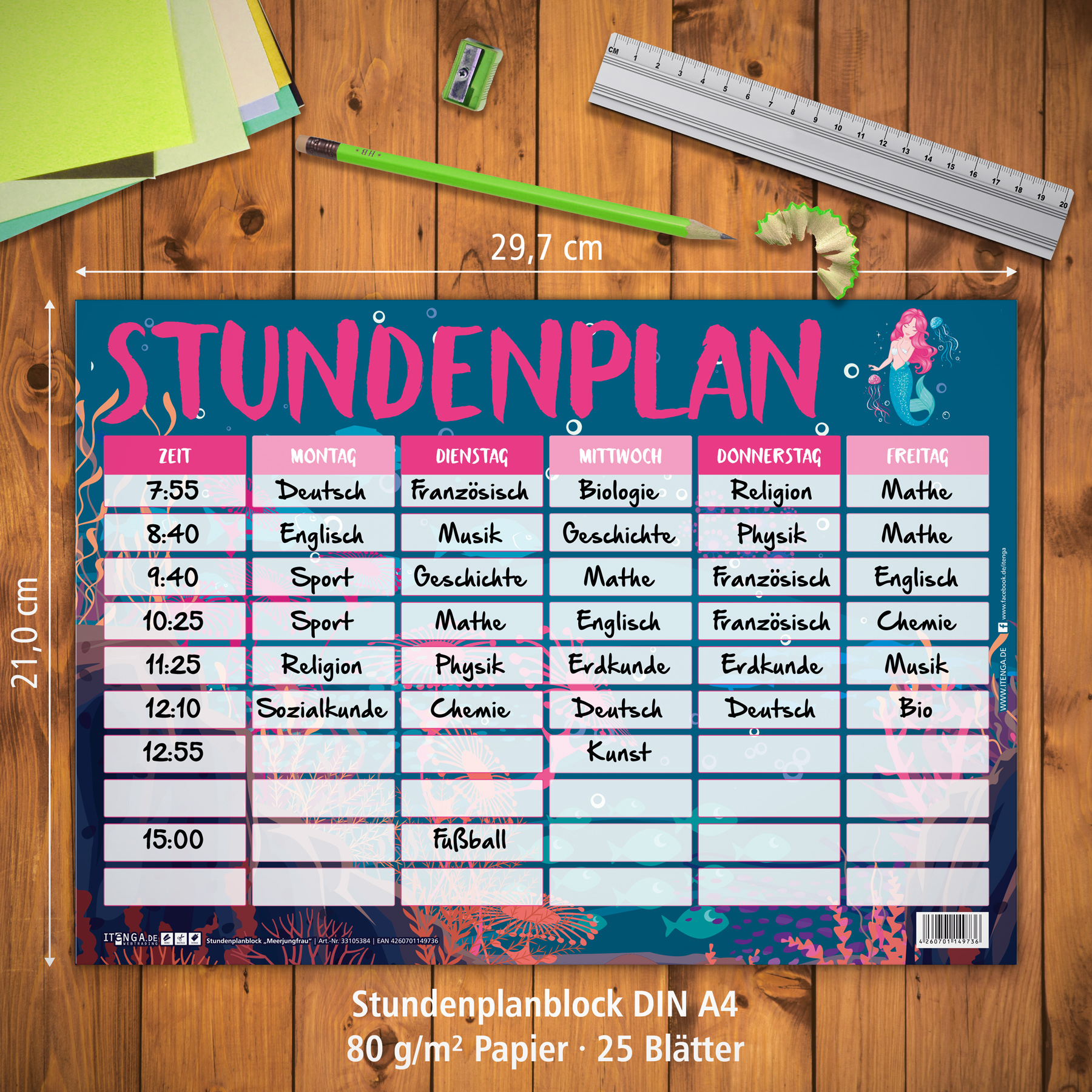 itenga Stundenplan Block 25 Blatt Motiv Meerjungfrau DIN A4