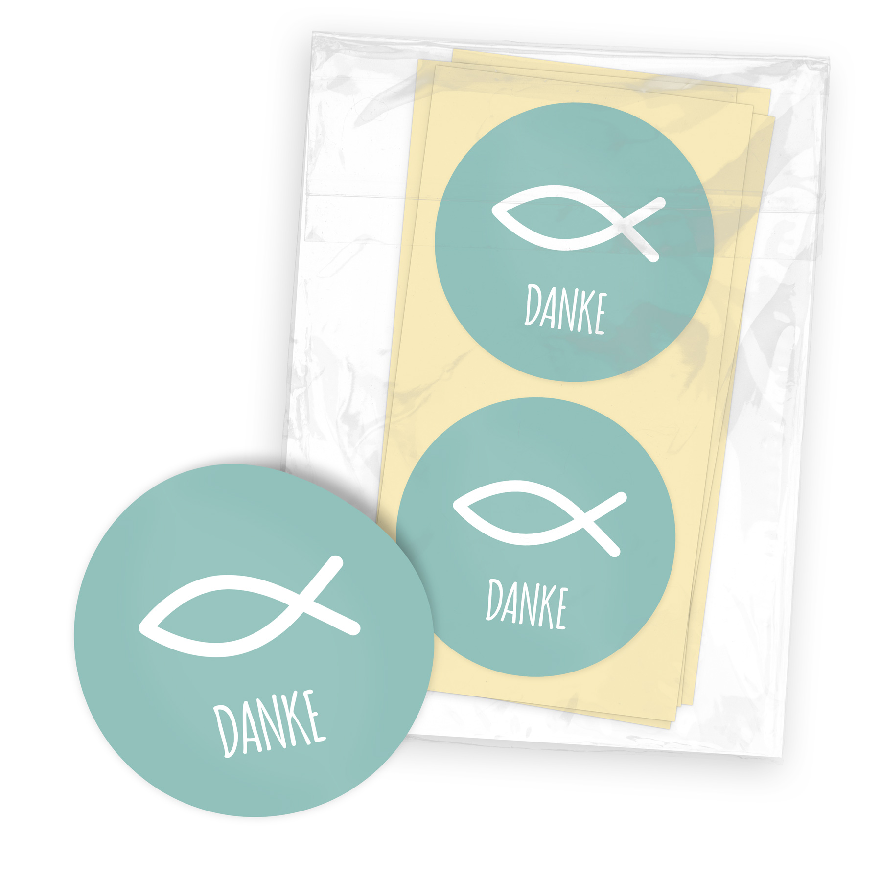 itenga 100x Sticker "Fisch Danke" t�rkis 4,0 cm rund