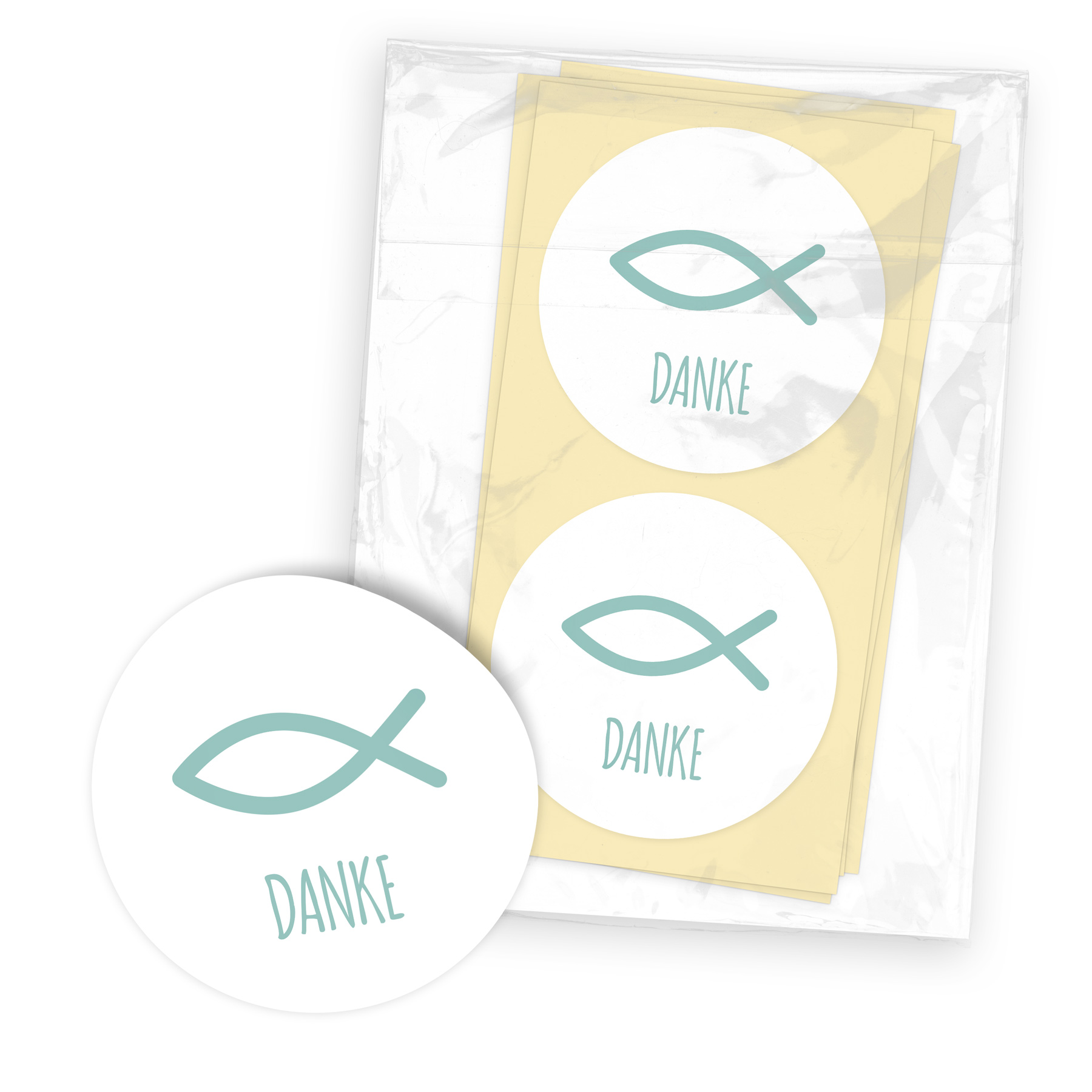 itenga 100x Sticker "Fisch Danke" t�rkis auf wei�em Hint...