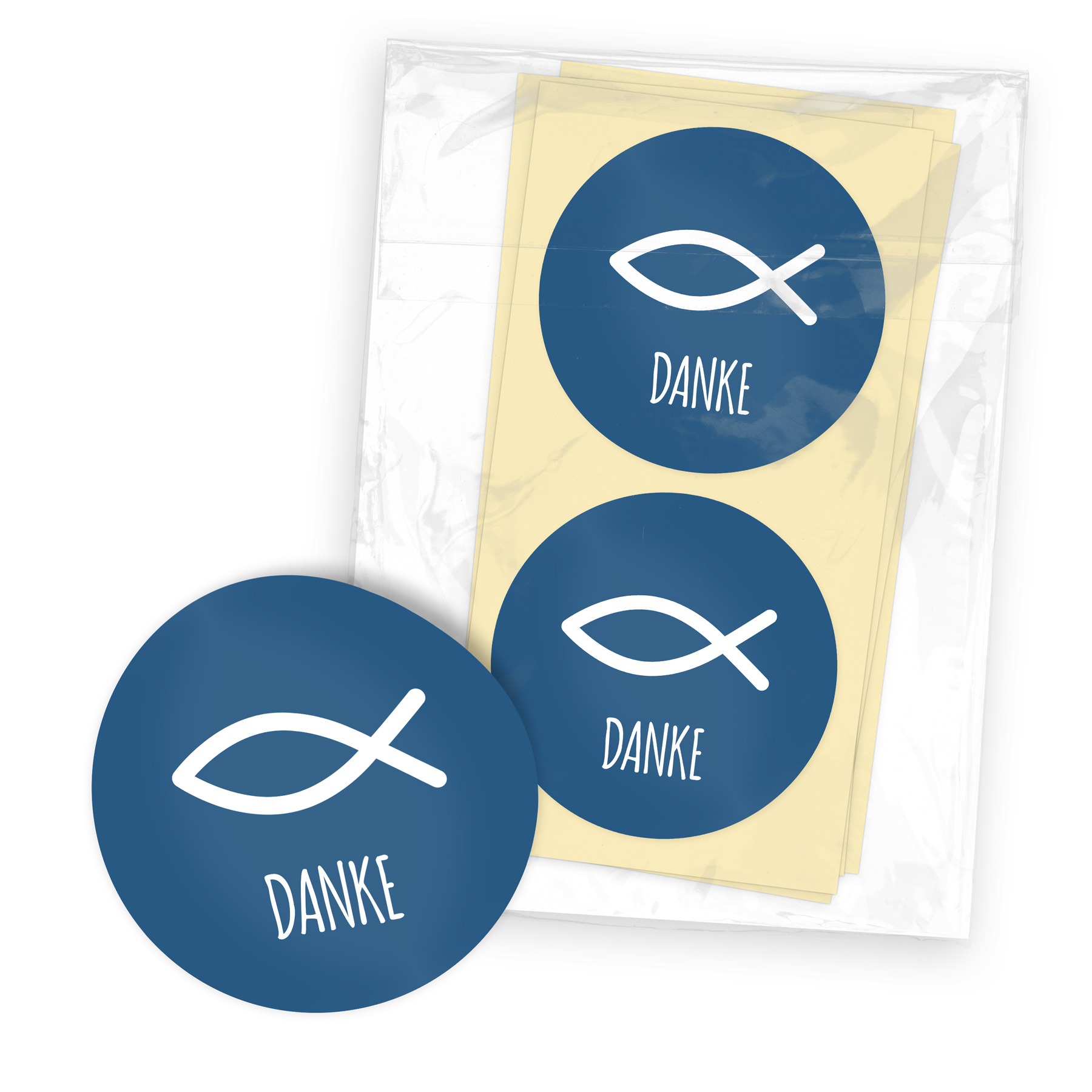 itenga 100x Sticker "Fisch Danke" dunkelblau 4,0 cm rund