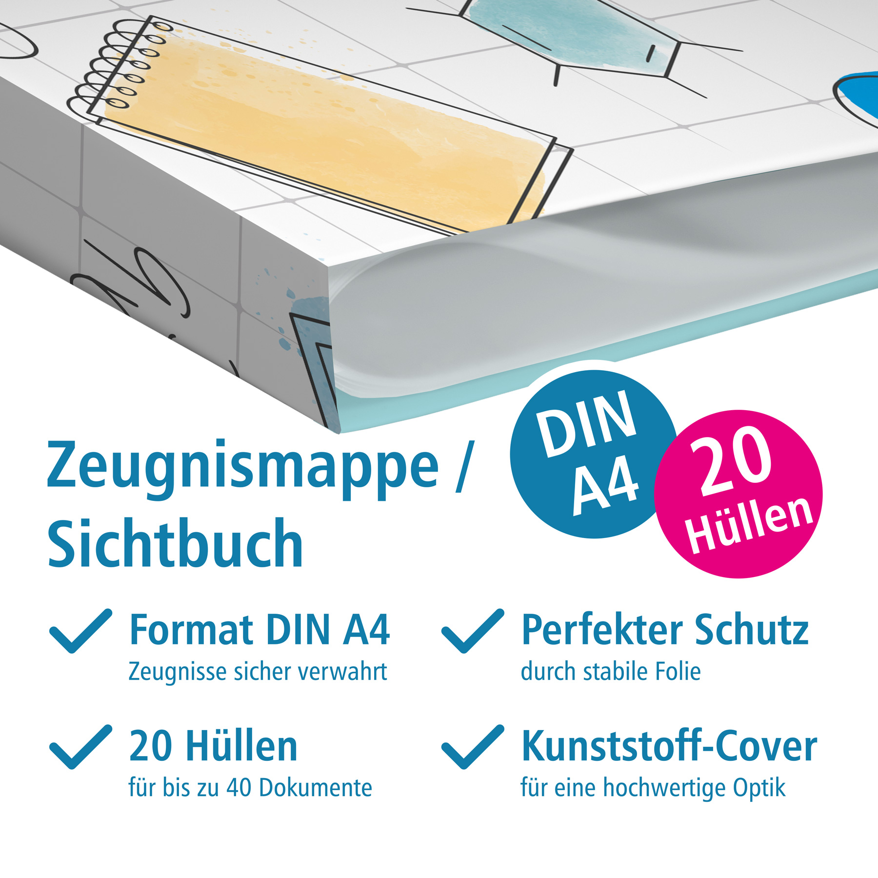 itenga Zeugnismappe A4 Kunststoff Sichtbuch Motiv Doodles