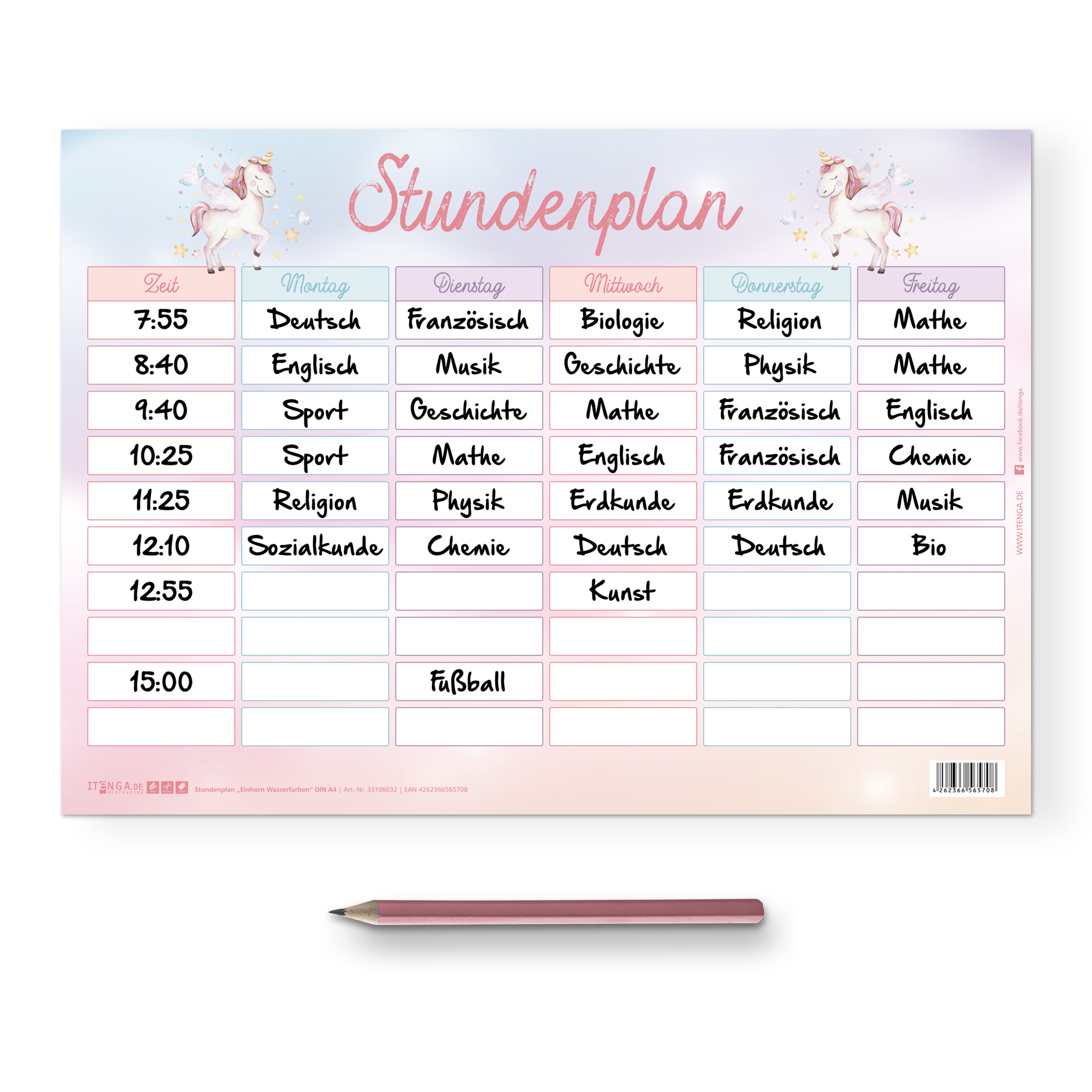 itenga Stundenplan Einhorn DIN A4 einseitig abwischbar