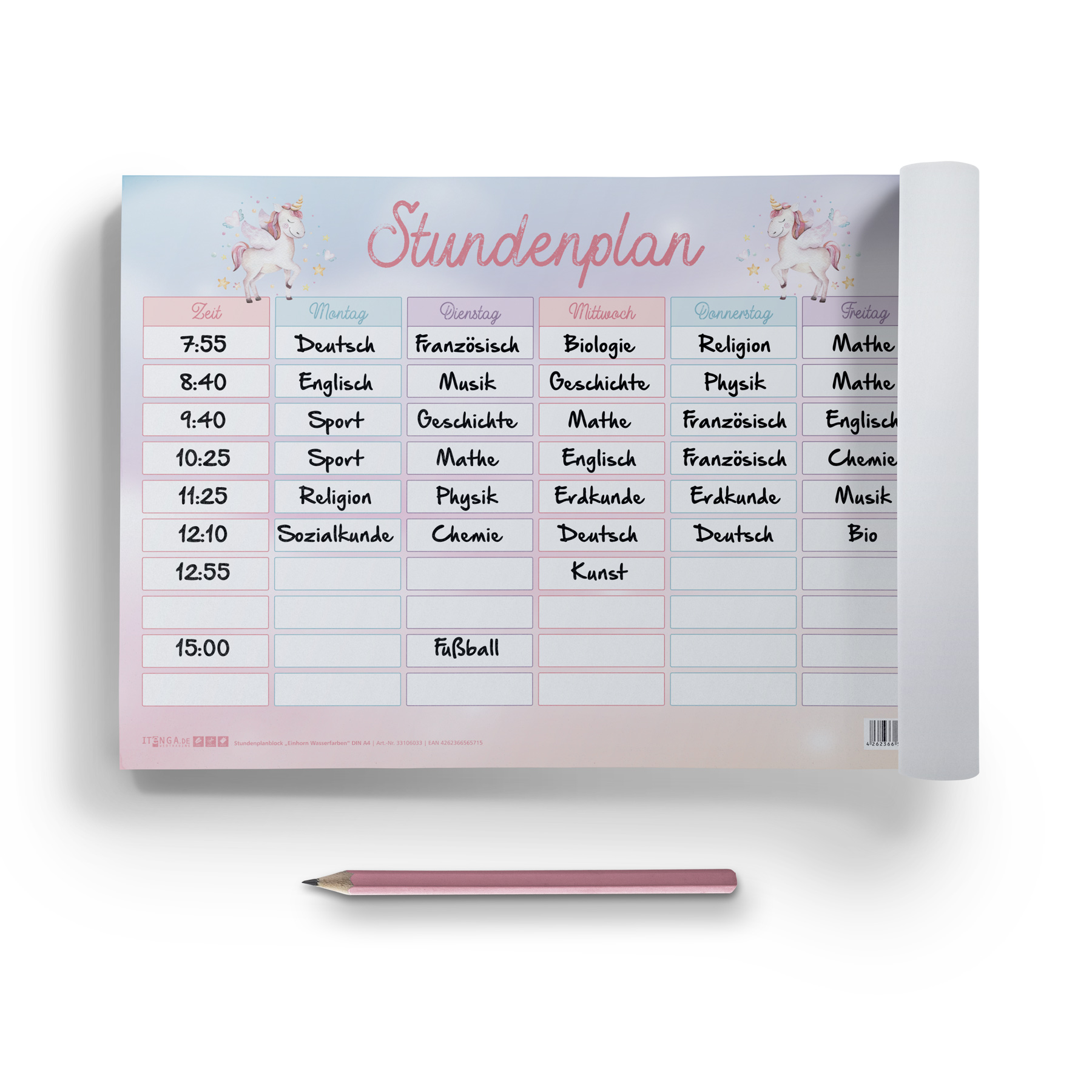 itenga Stundenplan Block 25 Blatt Motiv Einhorn DIN A4