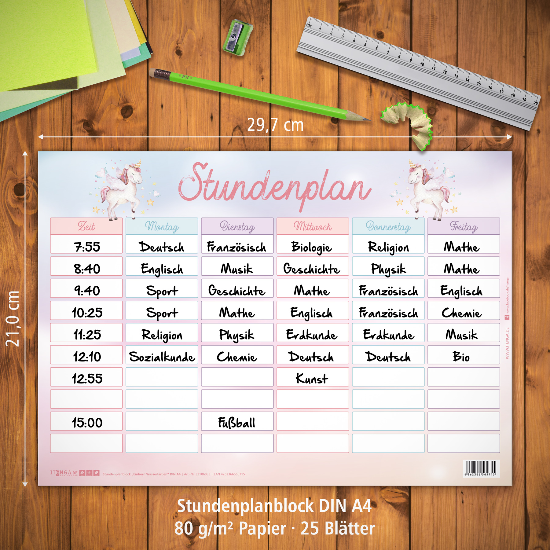 itenga Stundenplan Block 25 Blatt Motiv Einhorn DIN A4