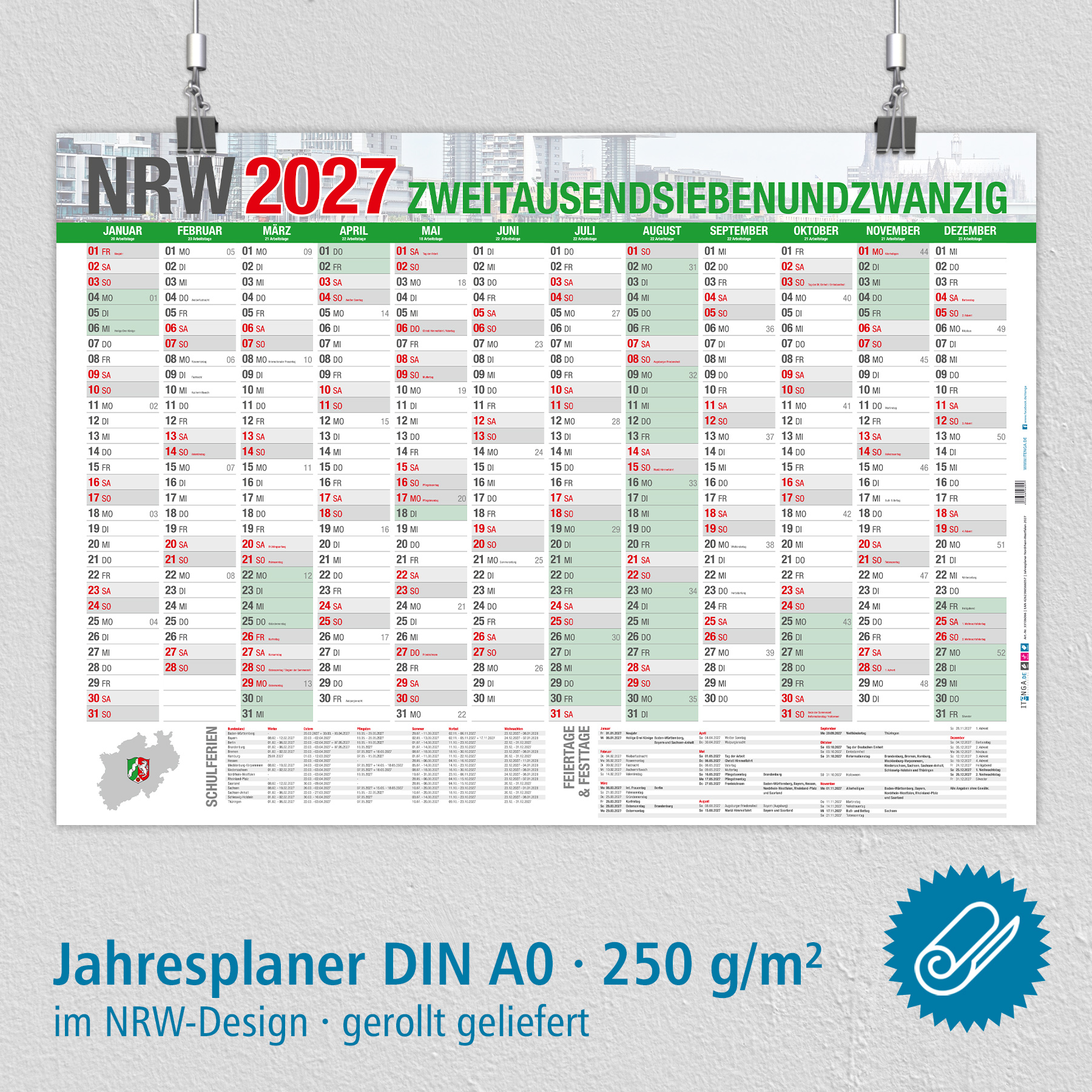 itenga Jahresplaner NRW 2027 Wandkalender DIN A0 (118,9 ...
