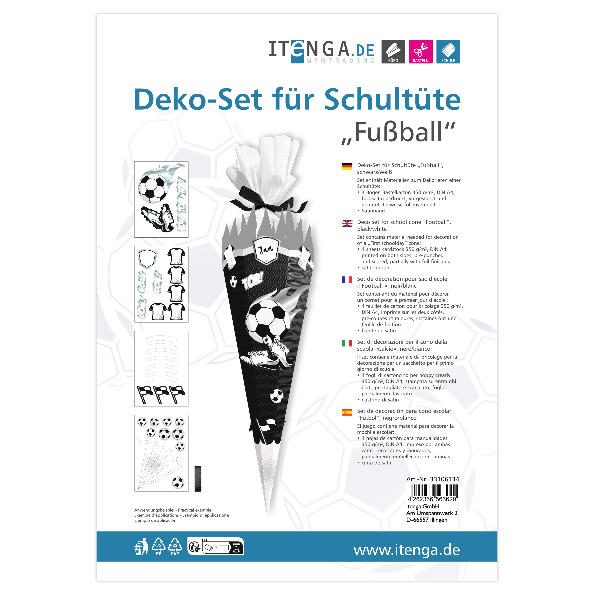 itenga DEKO-SET f�r SCHULT�TE FUSSBALL schwarz weiss