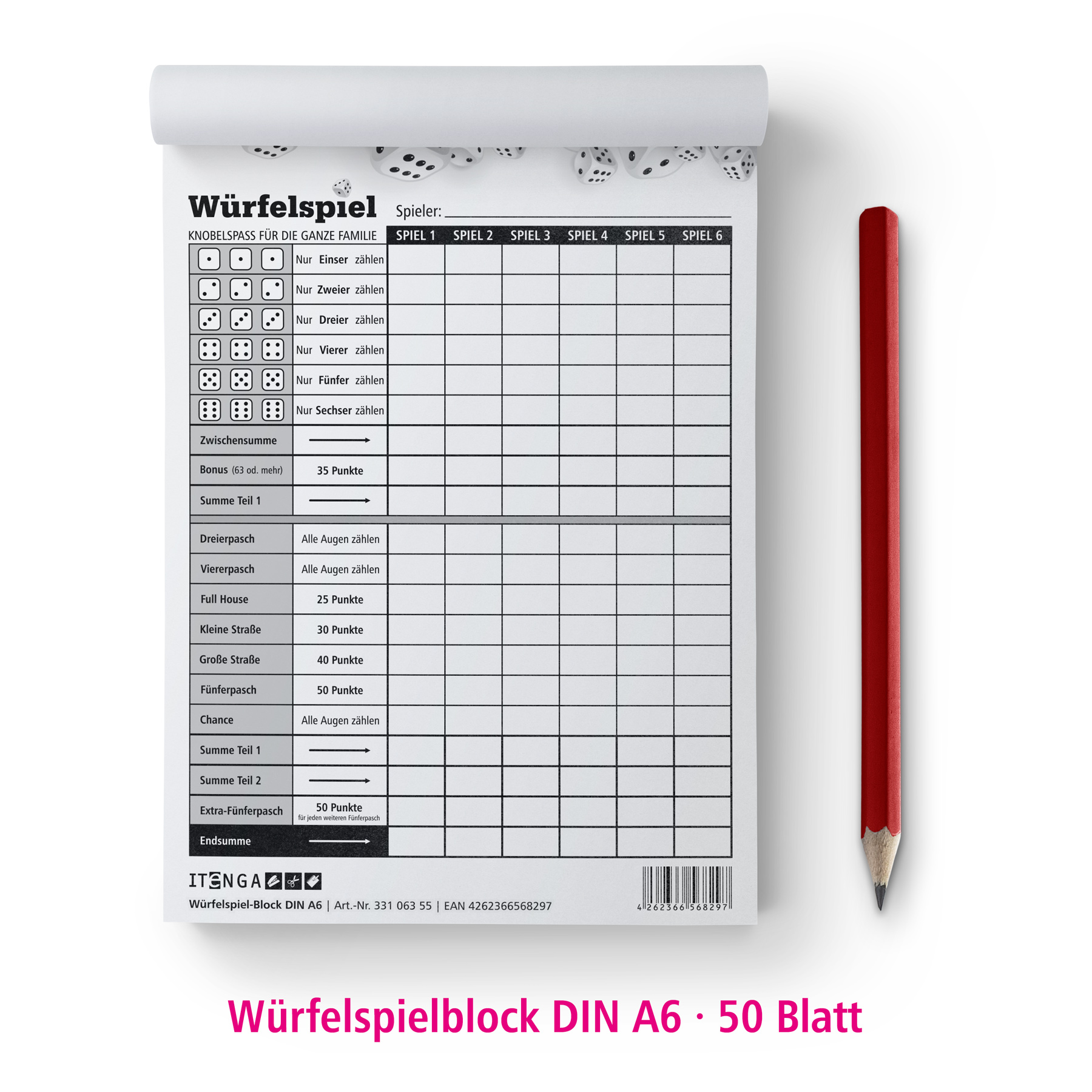 itenga W�rfelspiel-Block DIN A6 50 Blatt - 1 Block