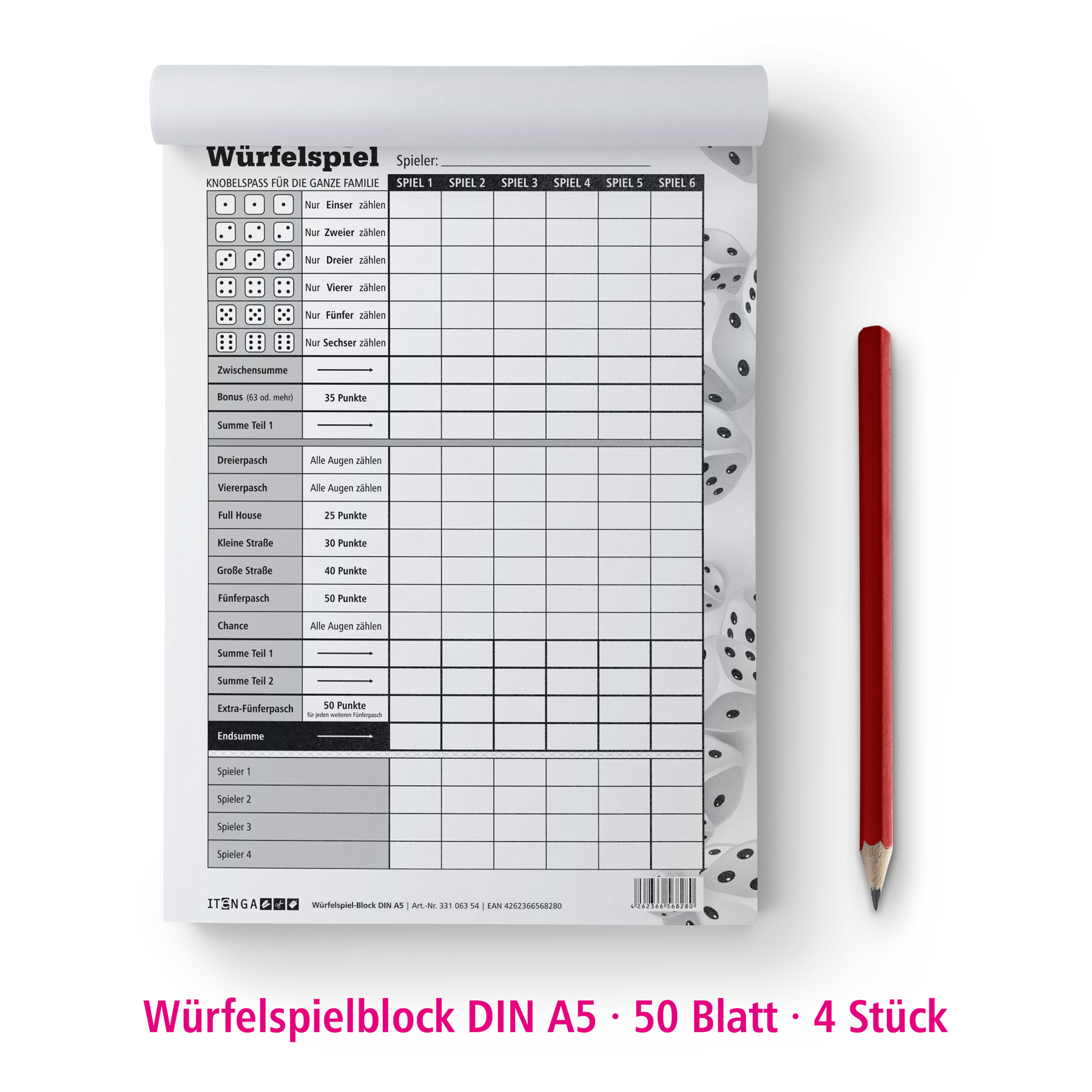itenga W�rfelspiel-Block DIN A5 50Blatt - 4 Bl�cke