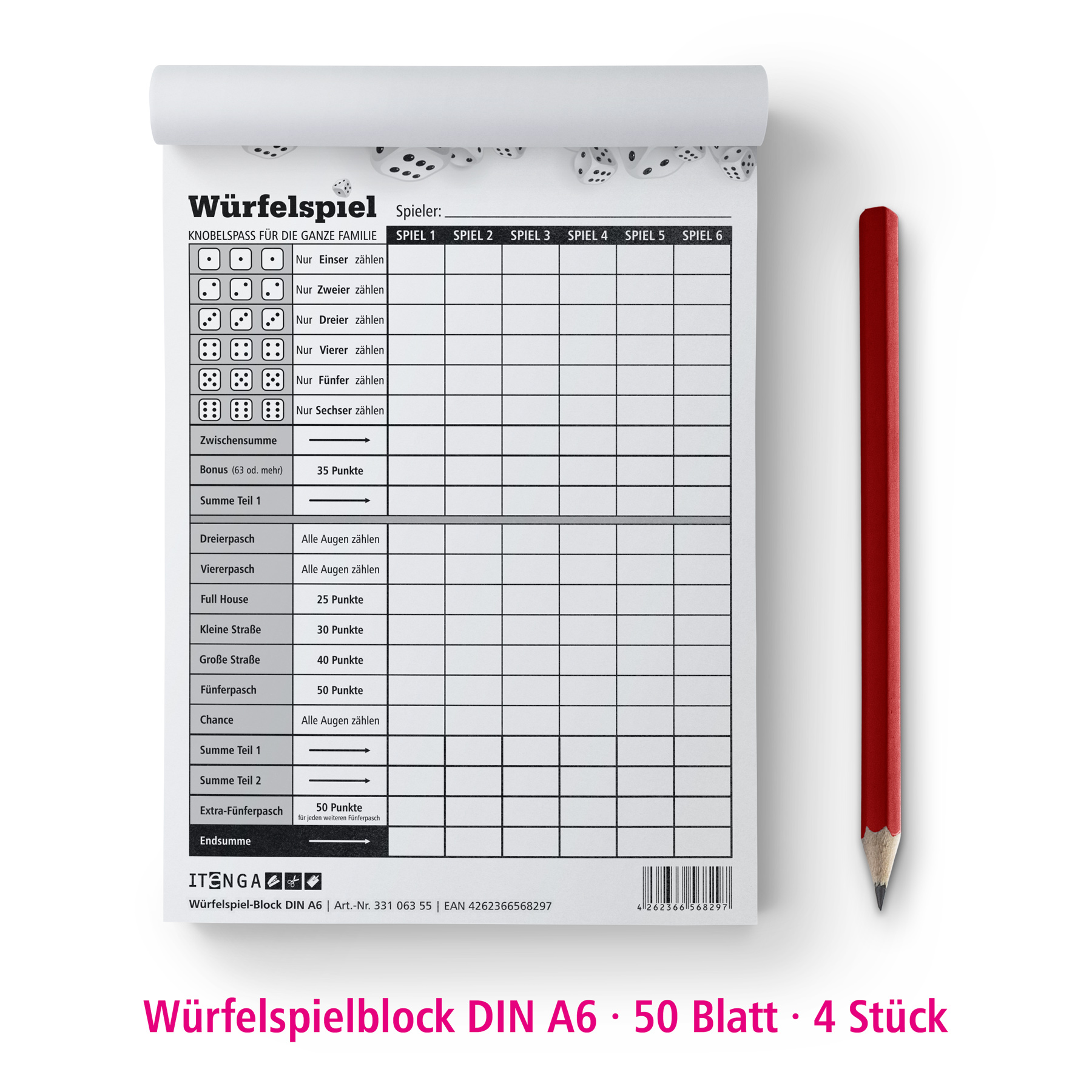 itenga W�rfelspiel-Block DIN A6 50 Blatt - 4 Bl�cke