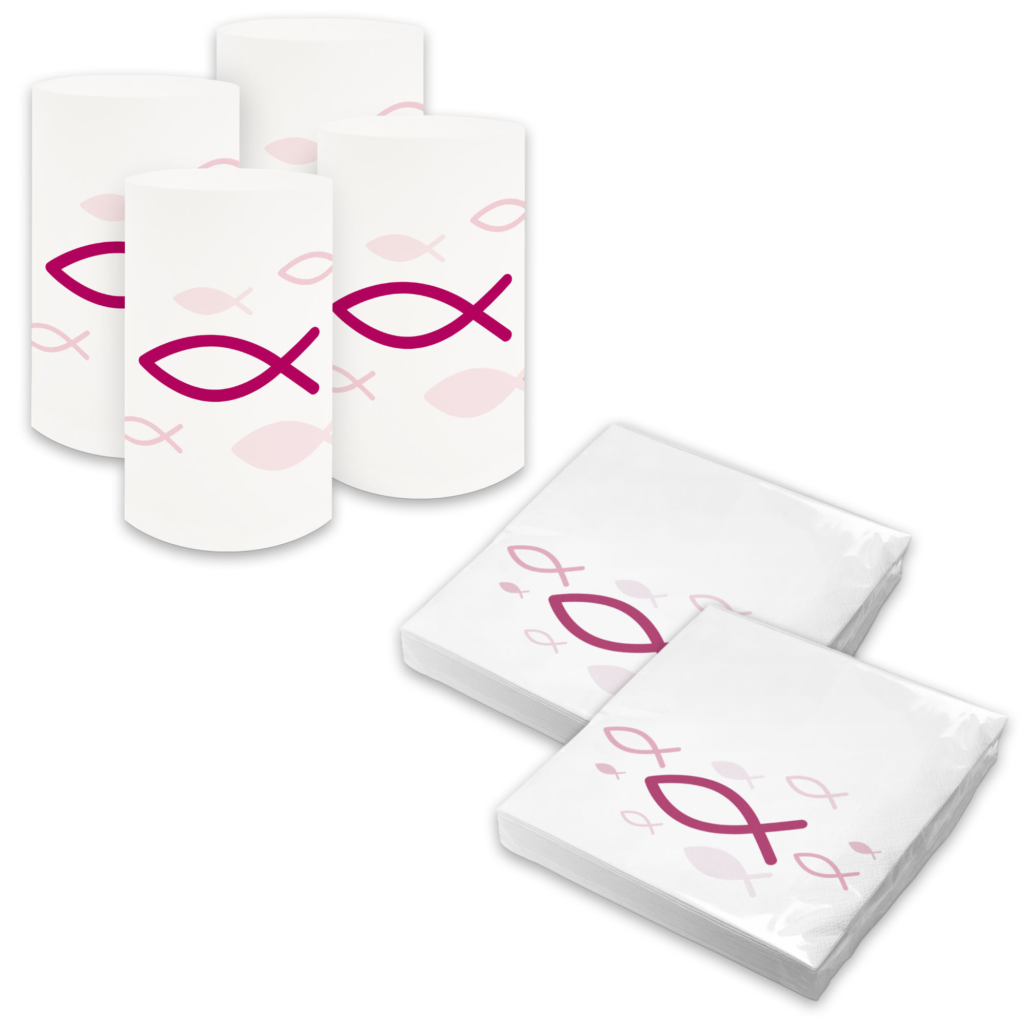 itenga 6x Windlicht + 40x Servietten - Fisch - wei� pink