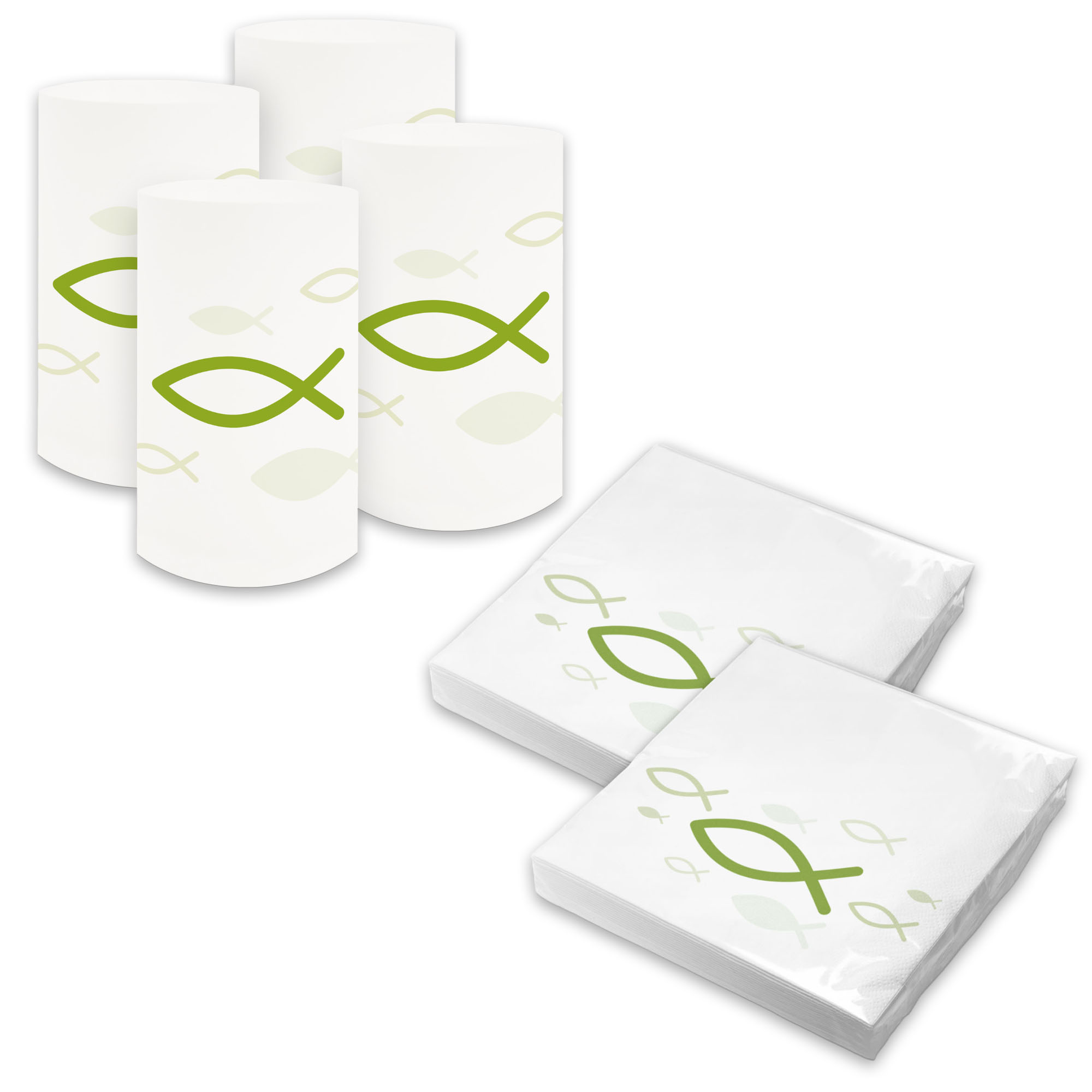 itenga 6x Windlicht + 40x Servietten - Fisch - wei� fr�h...