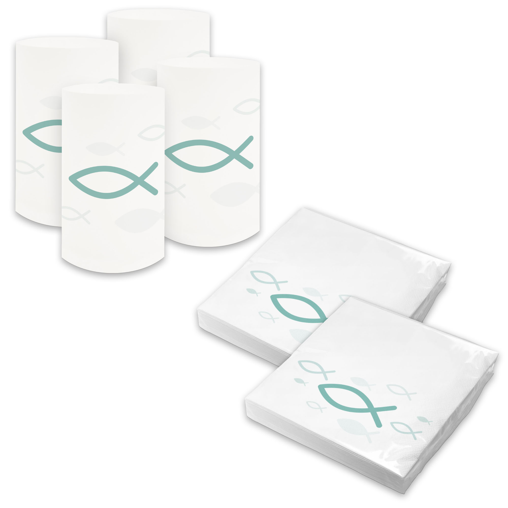 itenga 6x Windlicht + 40x Servietten - Fisch - wei� t�rkis