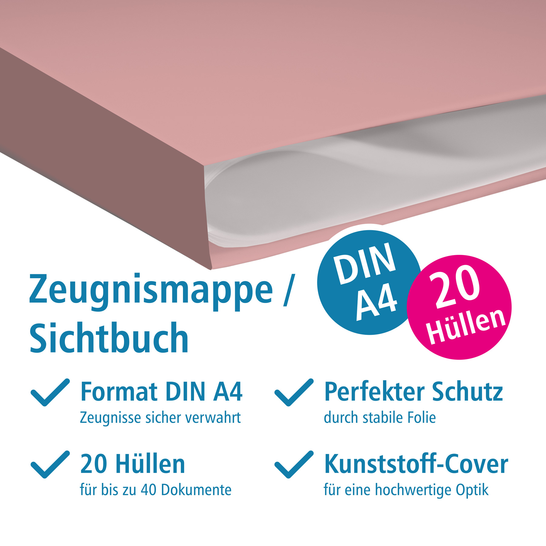 itenga Zeugnismappe A4 Kunststoff Sichtbuch pastellrosa
