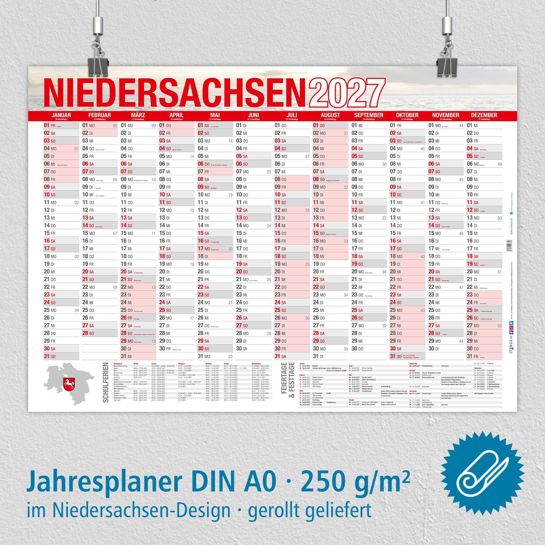 itenga Jahresplaner Niedersachsen 2027 Wandkalender DIN ...