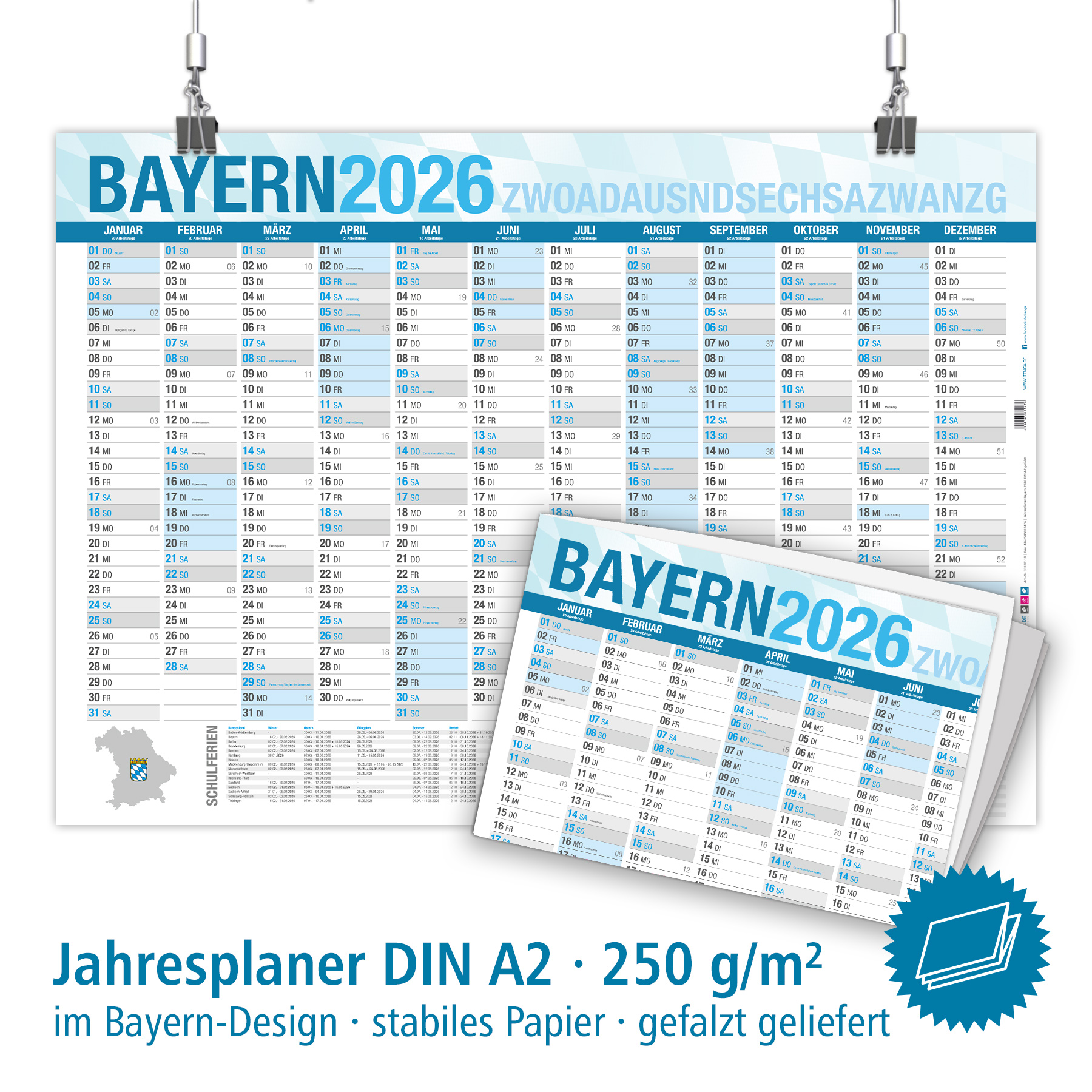 itenga Jahresplaner Bayern 2026 Wandkalender DIN A2 (59,...