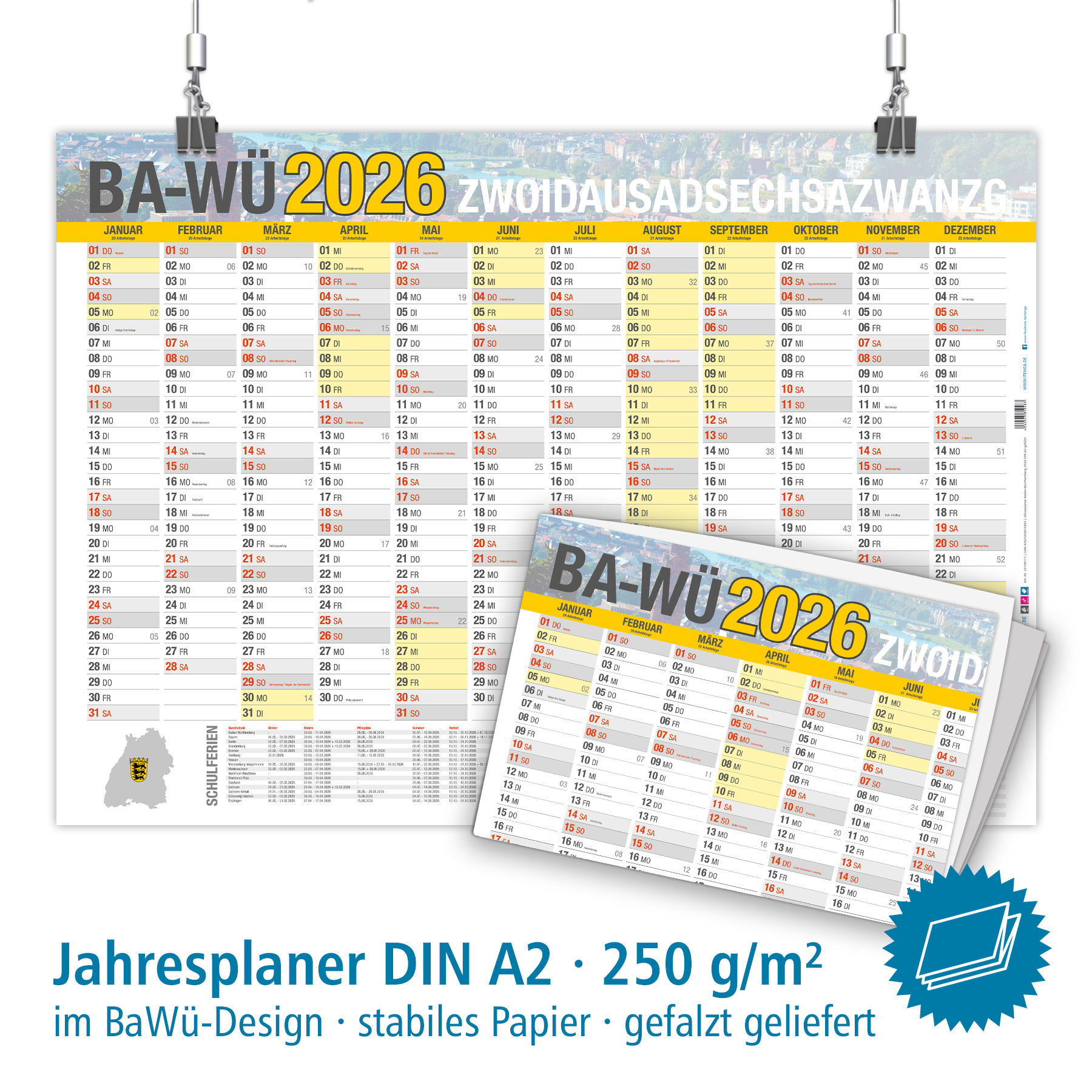 itenga Jahresplaner Ba-W� 2026 Wandkalender DIN A2 (59,4...