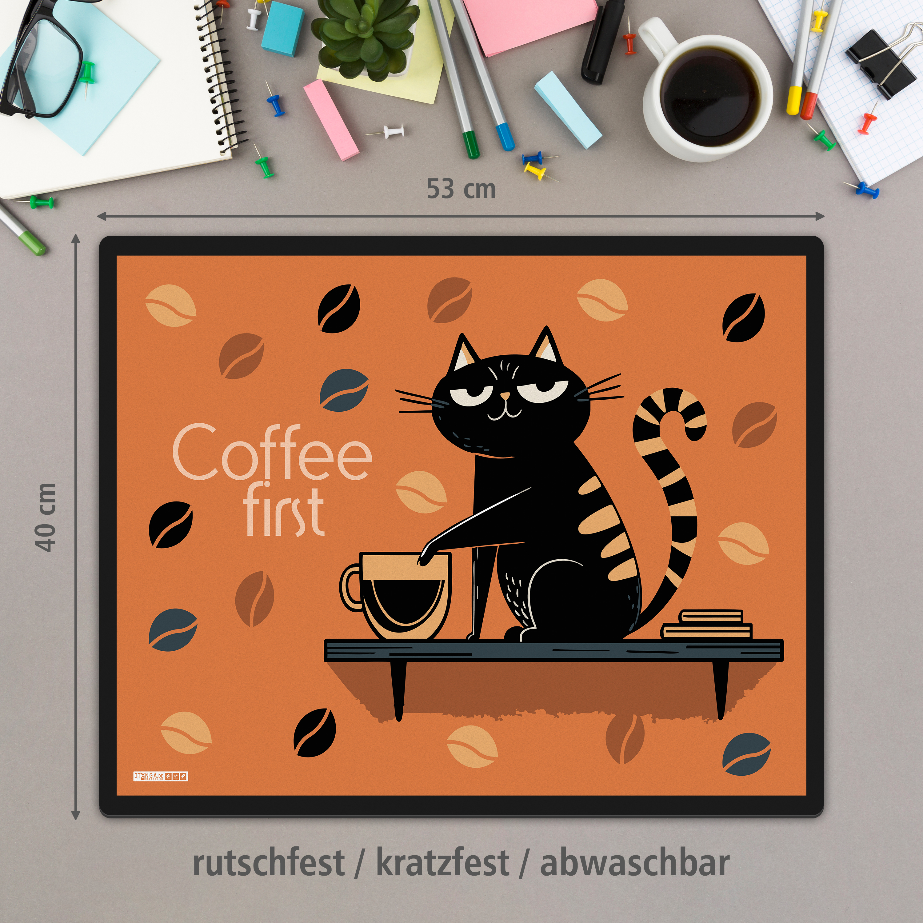 itenga Schreibunterlage V1 Motiv Katze Coffee first