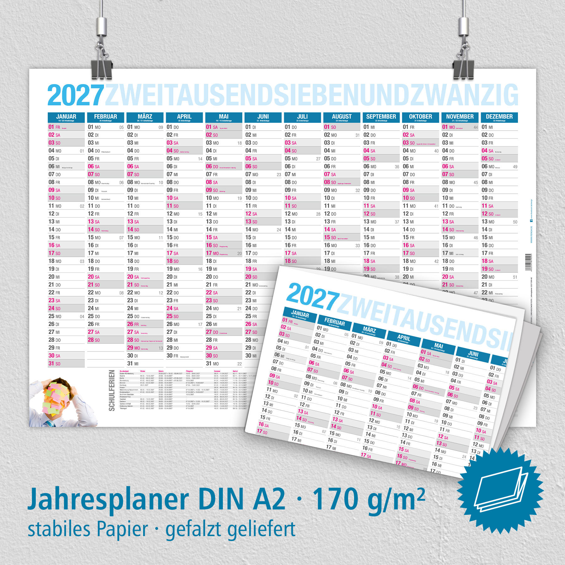 itenga Jahresplaner 2027 gefalzt Wandkalender DIN A2 (59...
