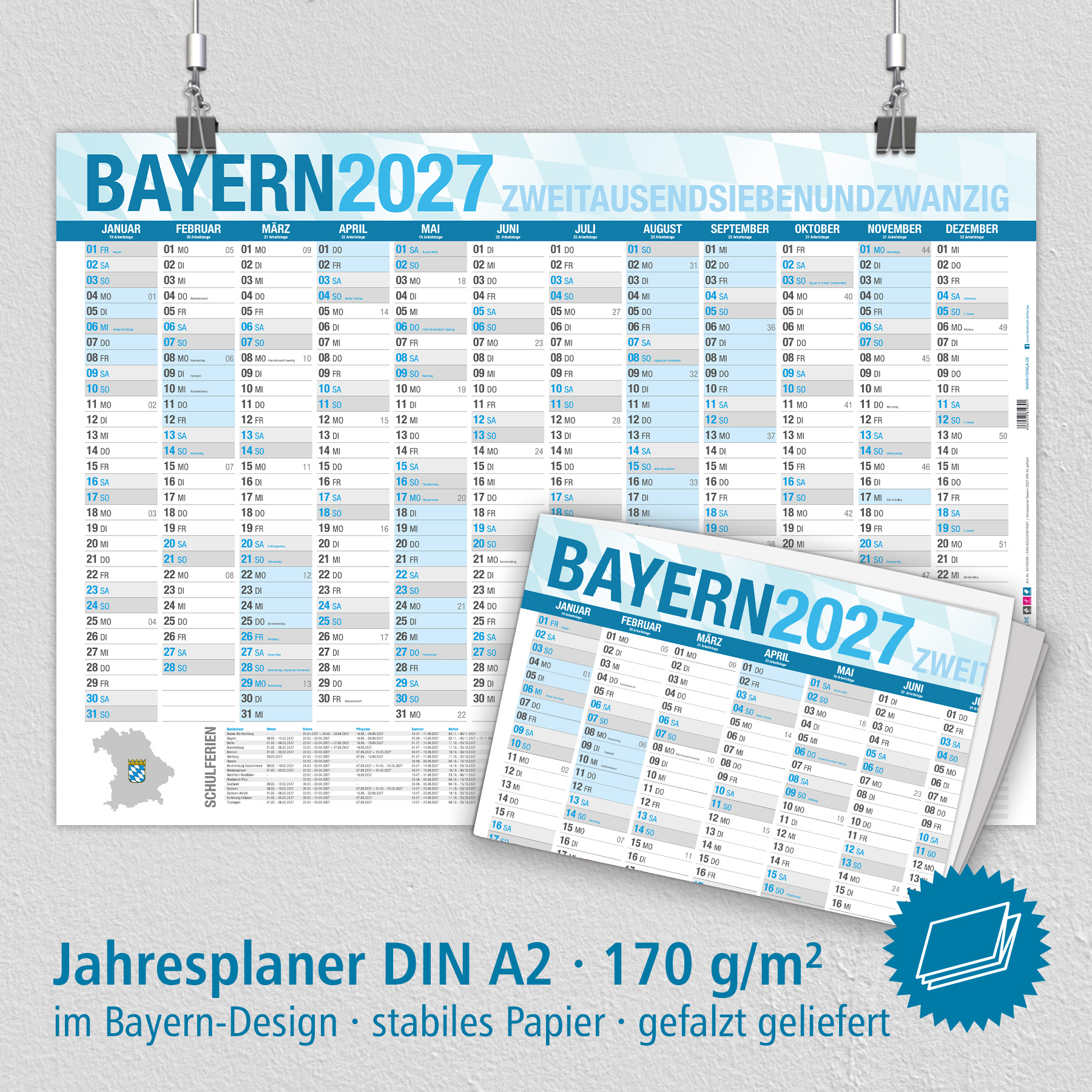 itenga Jahresplaner Bayern 2027 Wandkalender DIN A2 (59,...