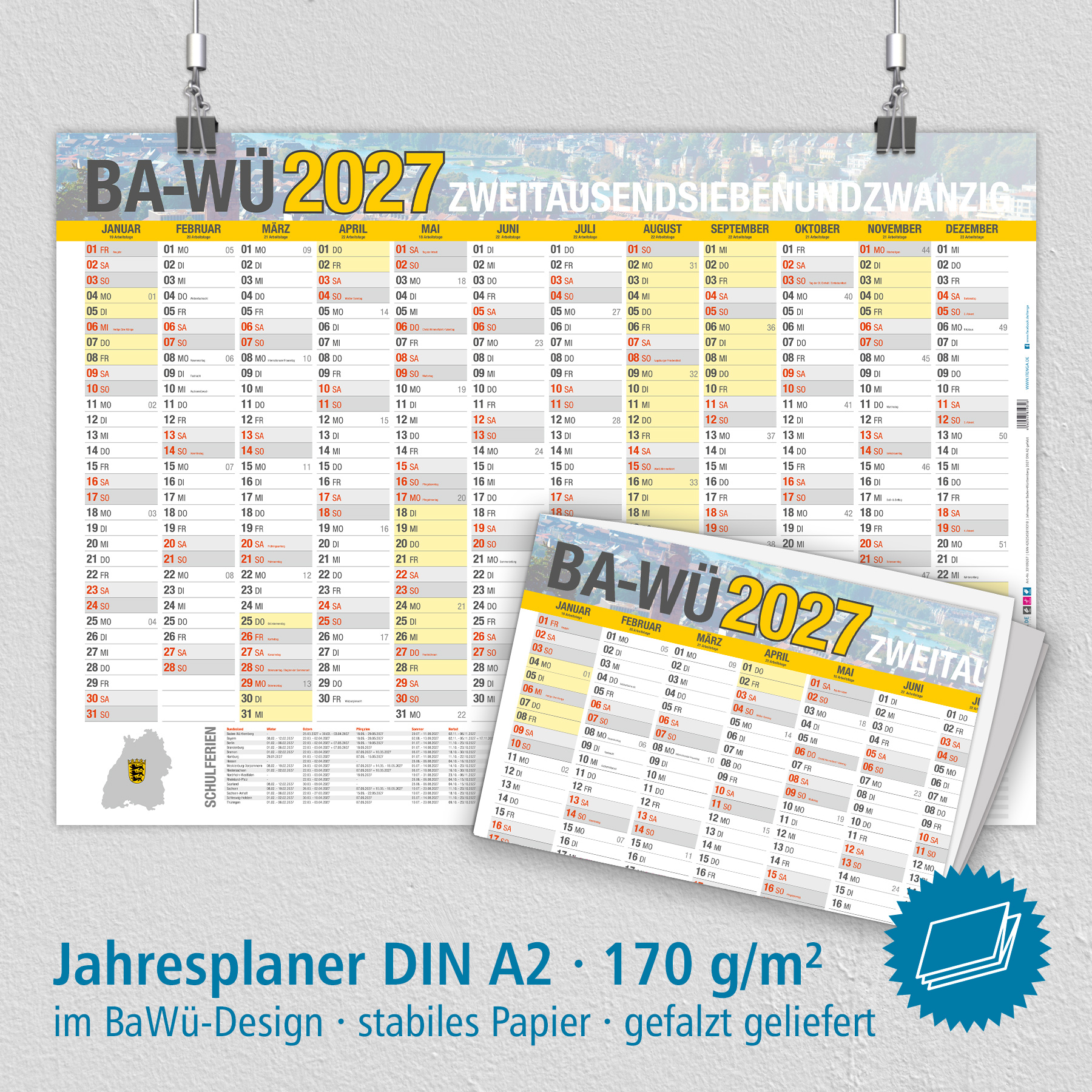 itenga Jahresplaner Ba-W� 2027 Wandkalender DIN A2 (59,4...