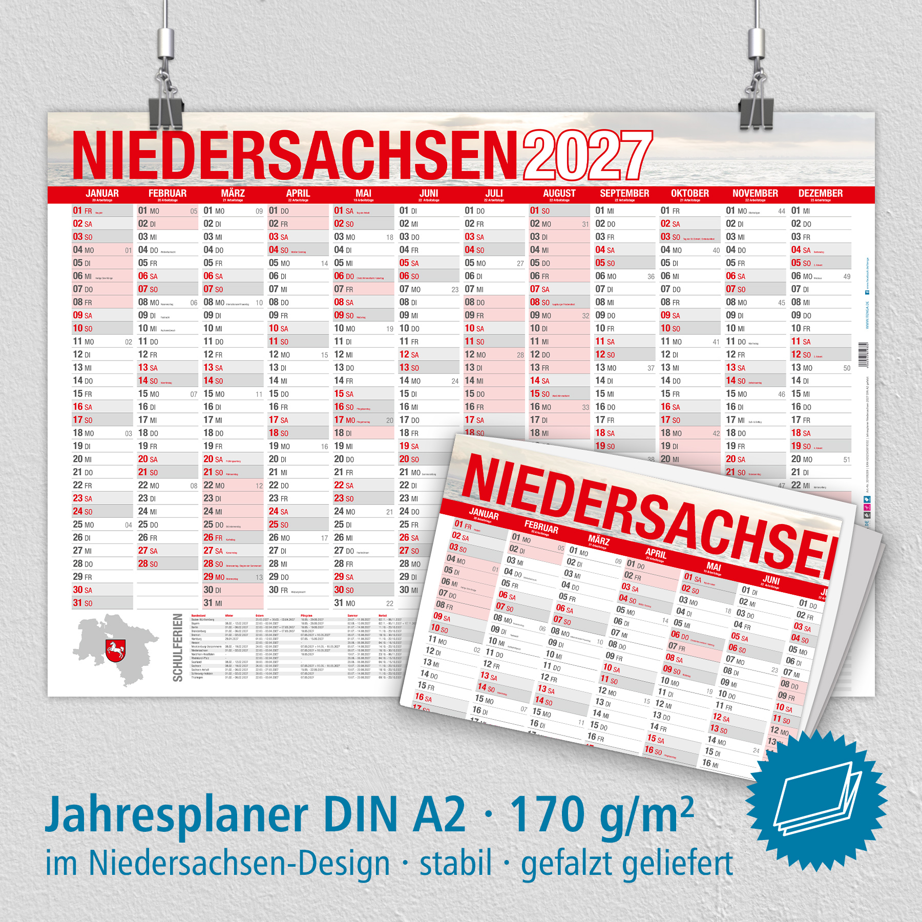 itenga Jahresplaner Niedersachsen 2027 Wandkalender DIN ...