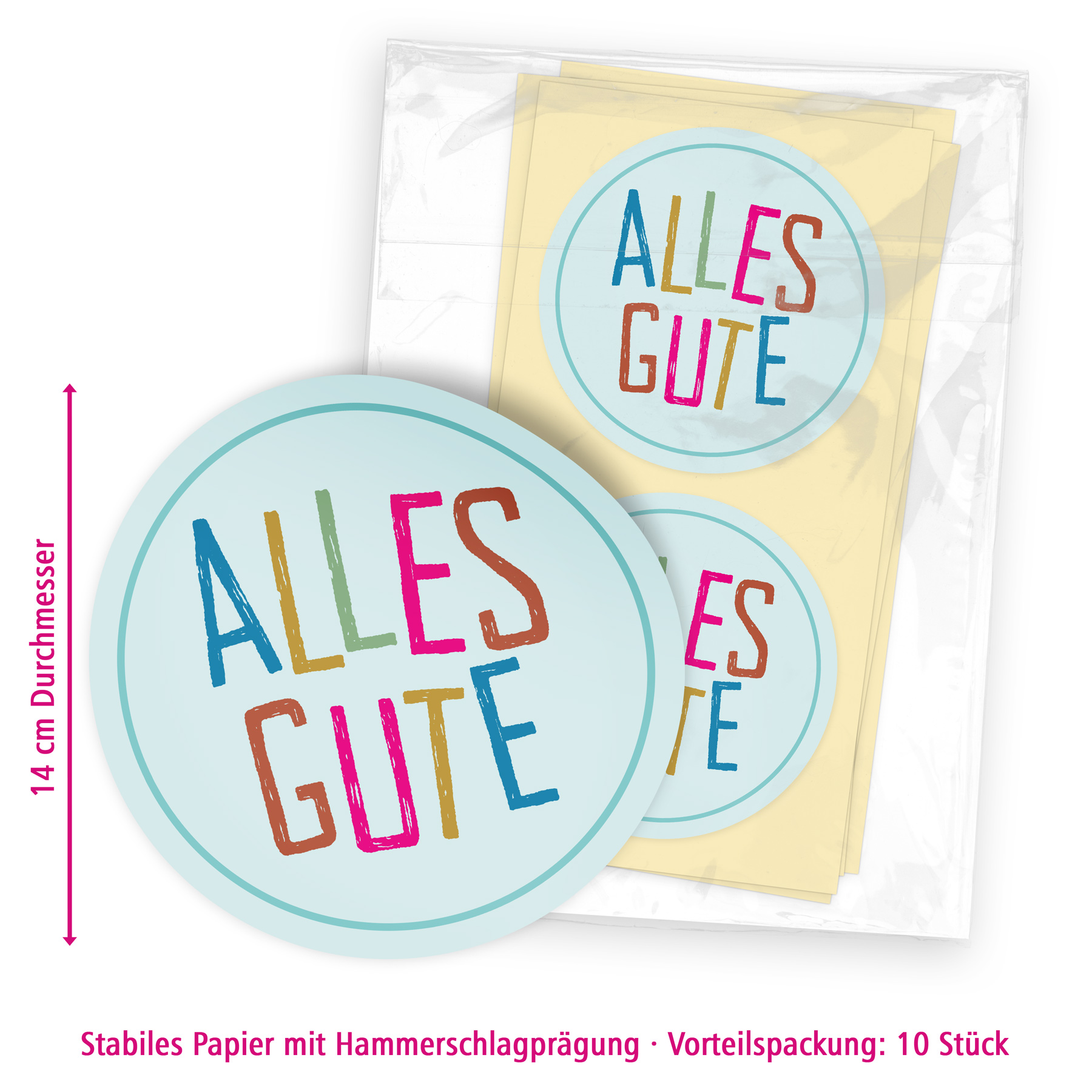 itenga 10x Aufkleber Sticker "Alles Gute" rund 14cm - bunt