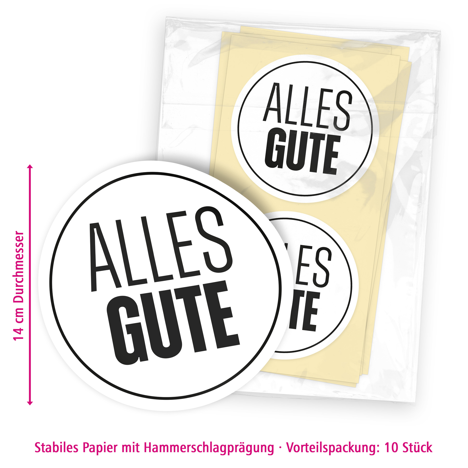 itenga 10x Aufkleber Sticker "Alles Gute! rund 14cm - weiss