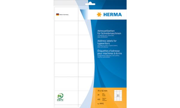 HERMA Adress-Etiketten, 70 x 42 mm, Ecken spitz, weiß
