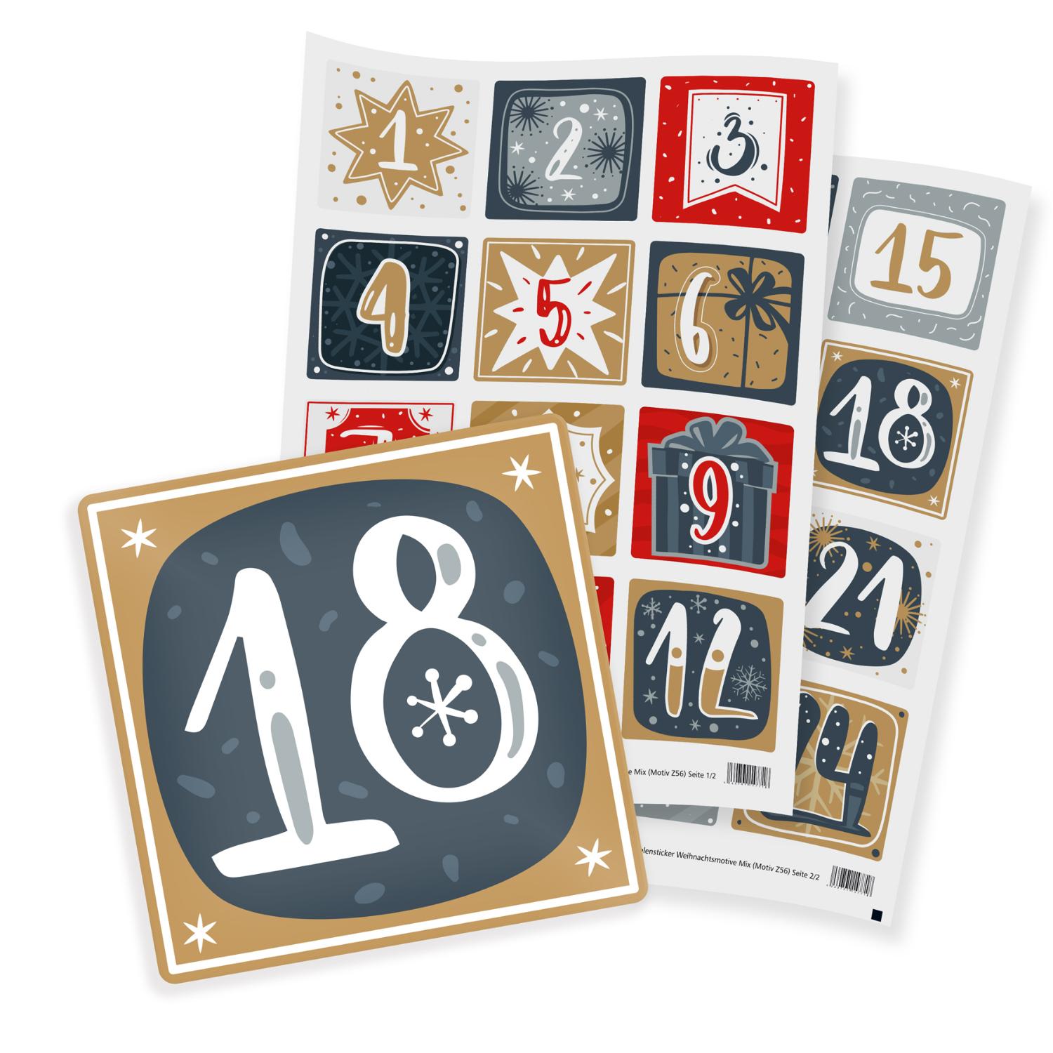 Zahlensticker Z56 Weihnachtsmotive Mix 1-24 Blau / Gold ...