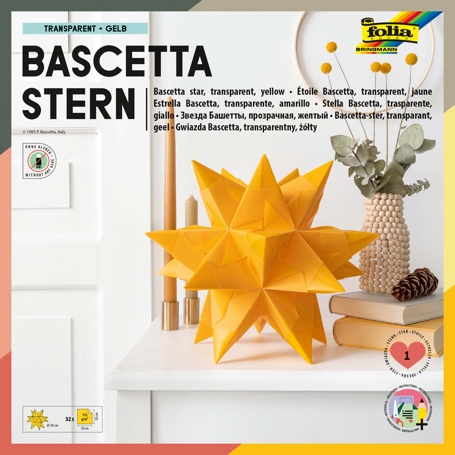 folia Faltbl�tter Bascetta-Stern gelb-transparent 20x20cm