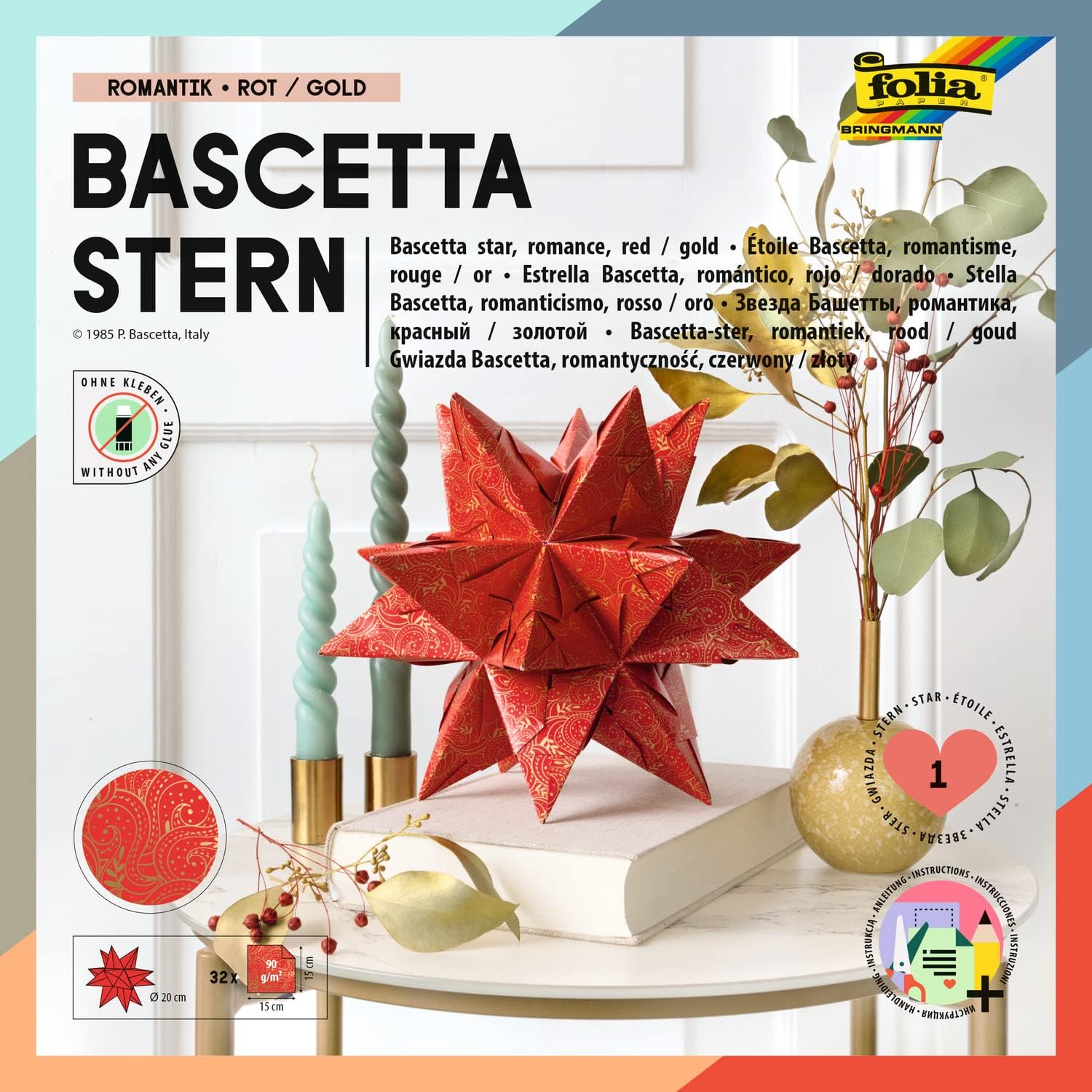 folia Faltbl�tter Bascetta-Stern, rot / bedruckt, 15x15cm