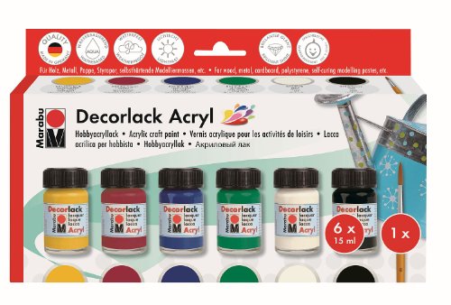 Marabu-Decorlack Acryl Starter Set 6x15ml inkl. Pinsel M...