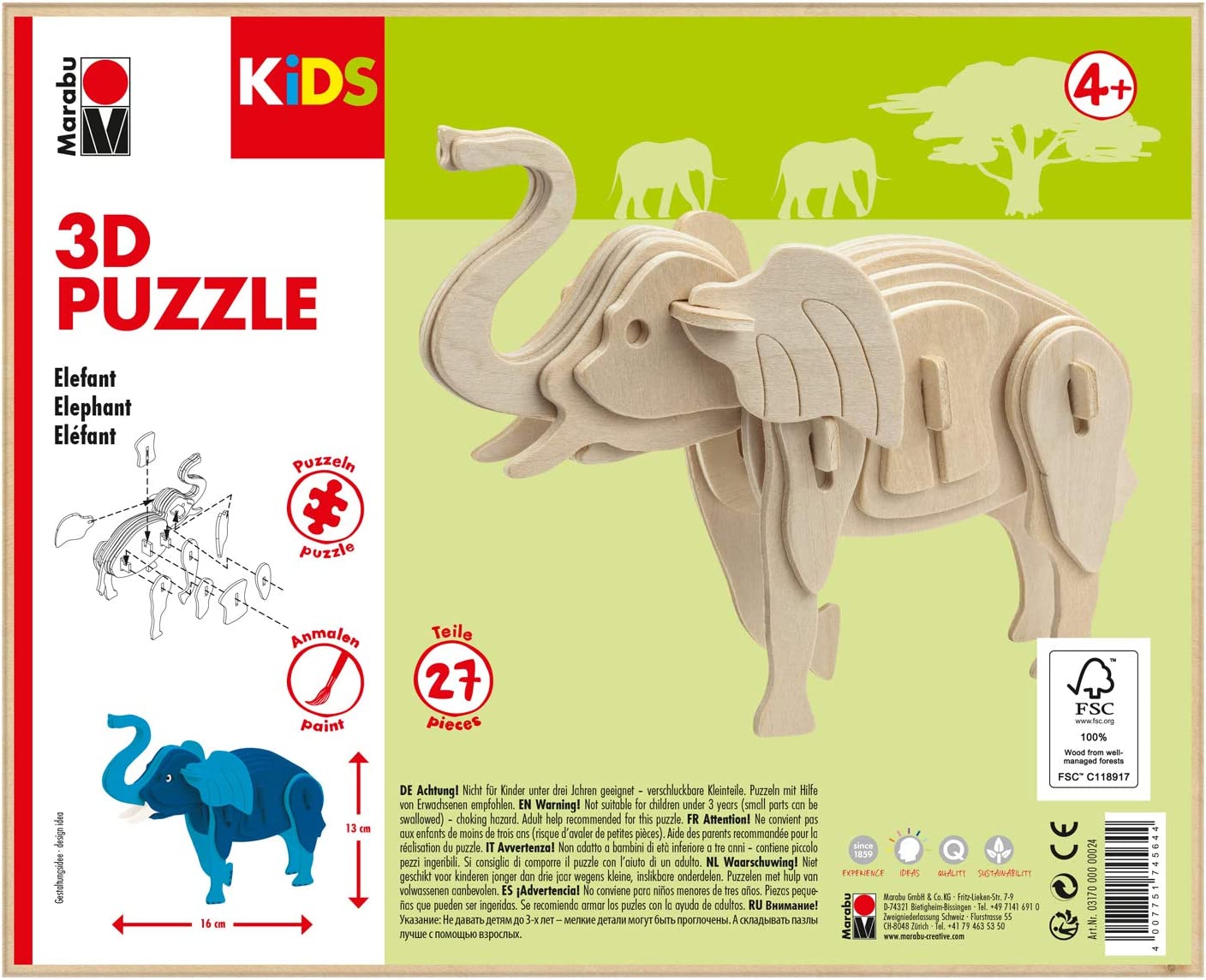Marabu KiDS 3D Puzzle "Elefant", 27 Teile, ab 4 Jahre