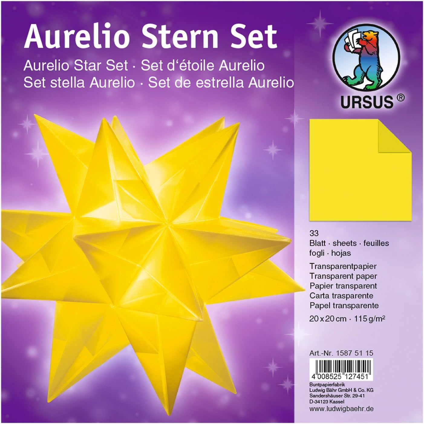 URSUS Faltbl�tter Aurelio Stern, gelb, 200 x 200 mm